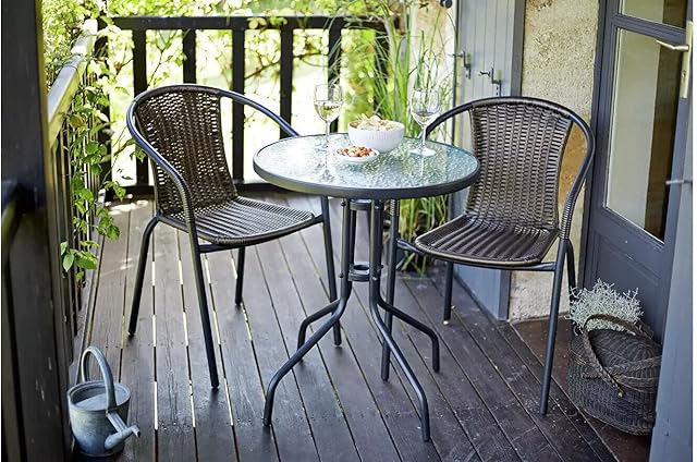 GSD Rattan 3 Piece Tasmania Bistro Garden Furniture Set Outdoor Patio Chairs And Steel Table For Al-Fresco Dining, BBQs