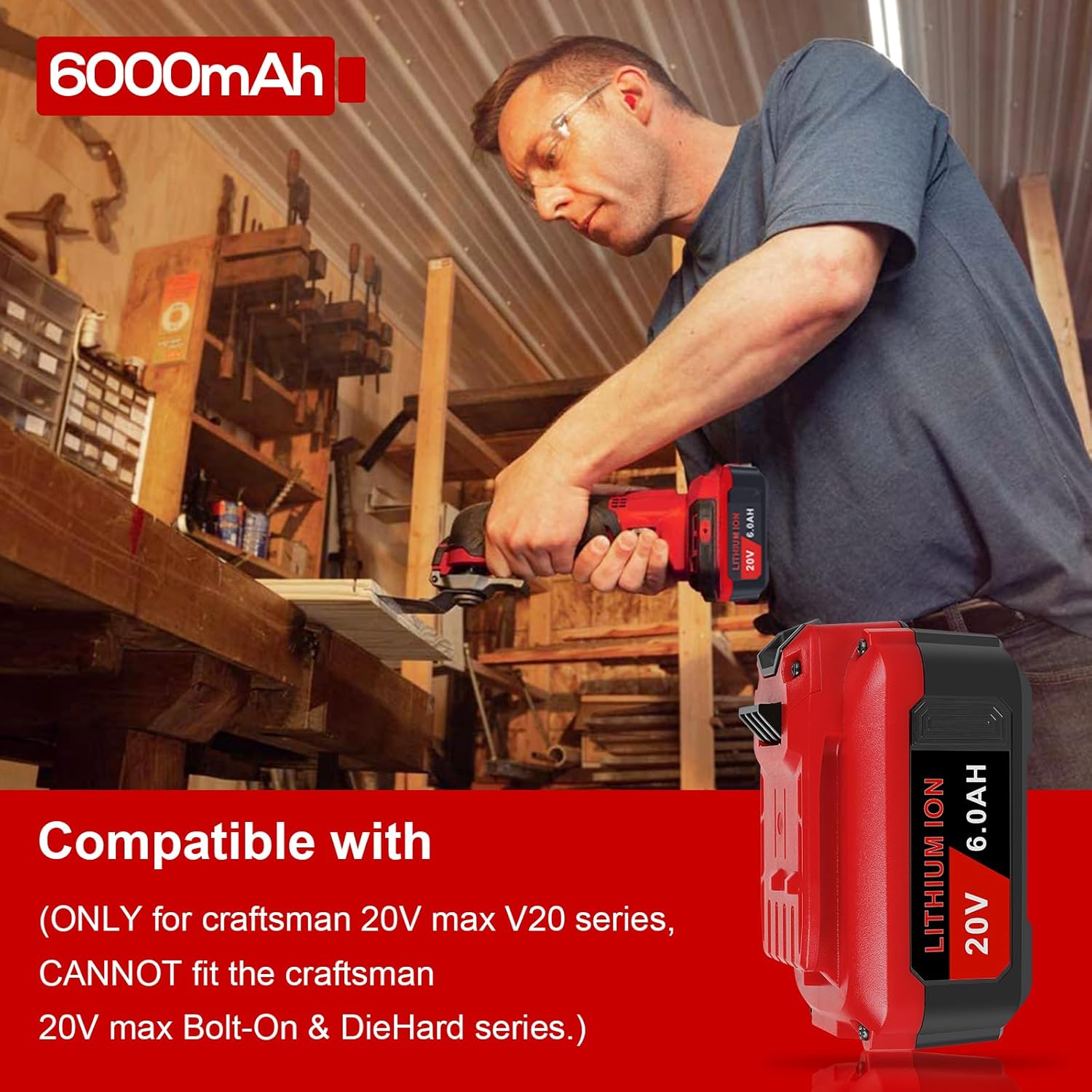 Futurebatt 20V Battery for Craftsman V20 Lithium Battery 2 Packs 6.0Ah High-Output for 20-Volt Power Tools CMCB205 CMCB204 CMCB202 CMCB201 CMCB202-2 CMCB204-2 - Image 6