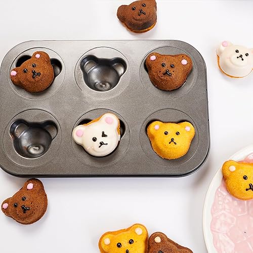 Miniatura 5 de Elesinsoz Paquete de 2 moldes para magdalenas en forma de oso, molde antiadherente de 6 cavidades, mini muffins para decoración de pastel de oso