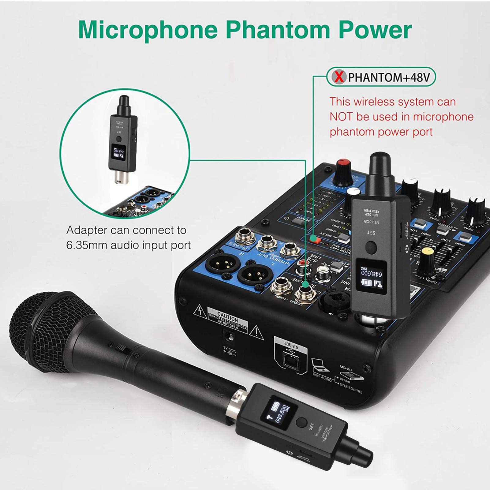 Transmisor y receptor para micrófono inalámbrico, micrófono recargable inalámbrico, adaptador de micrófono para micrófono dinámico, mezclador de audio, PA, cámara