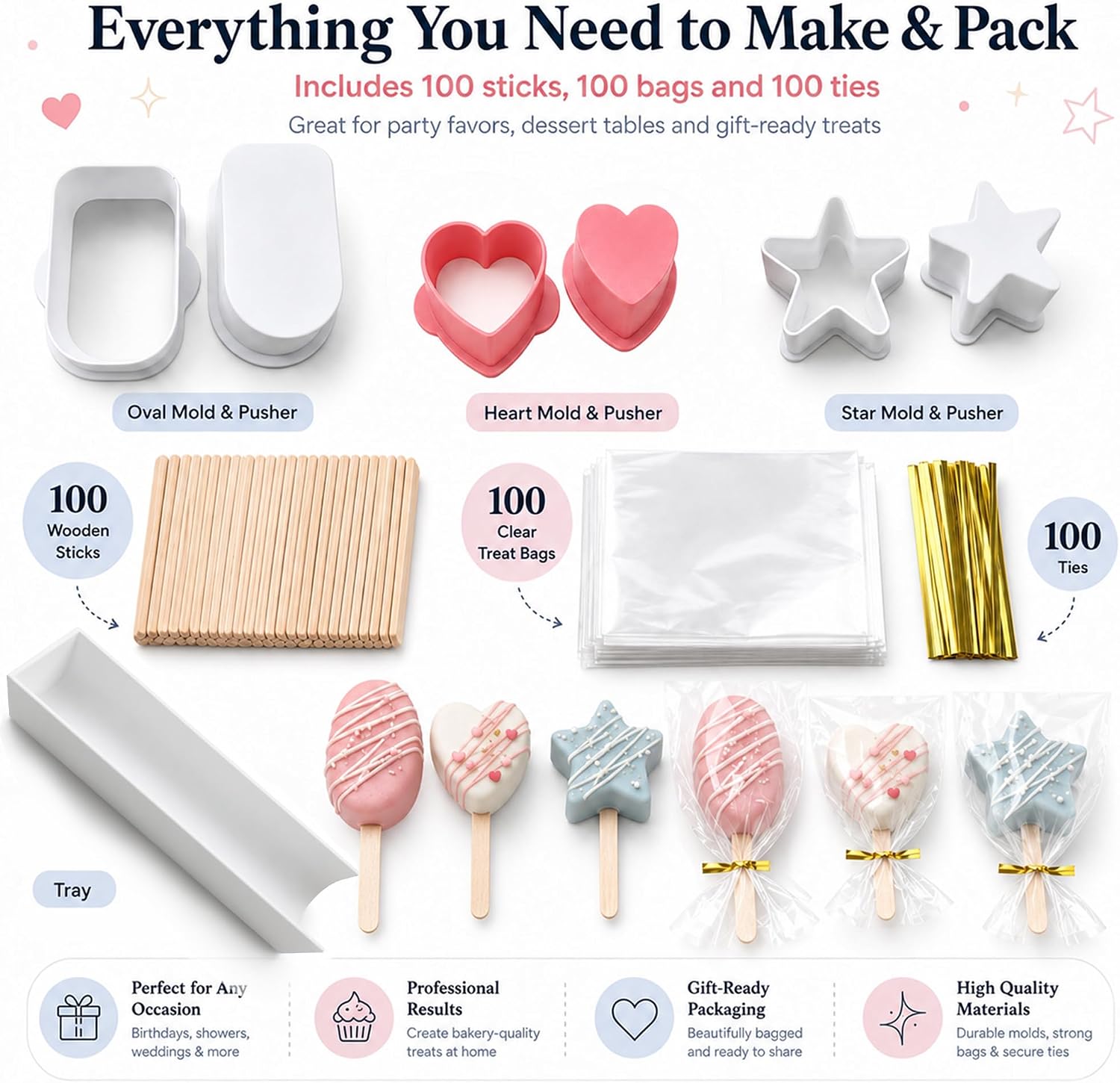 Cakesicle Cutter and Pusher Set, 3.6 Inch Oval Heart Star Cake Pop Cutters with 1 Tray, 100 Sticks, 100 Bags and 100 Ties, Cakesicle Making Kit for Birthday and Holiday Baking
