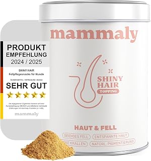 mammaly Shiny Hair Futtertopping für Hunde - Haut & Fell Pulver & Topping mit Lachsöl, Omega 3, Bierhefe & Biotin bei Juckreiz - 150g inkl. Messlöffel, Konzentrat bis 2 Monate Reichweite