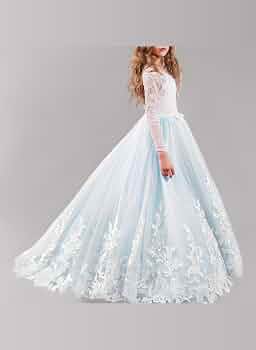 Ranrann Vestito Lungo Bambina Cerimonia In Chiffon E Pizzo - Manica Lunga Stile Impero Con Cerniera - Abito Elegante Per Damigella E Feste - Taglie 6-14 Anni
