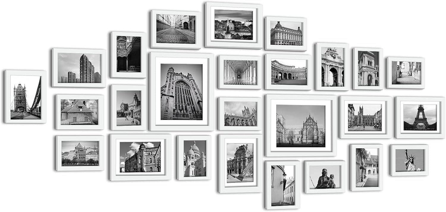 26 Pieces Picture Frames Set Collage Photo Frames Wall Gallery Kit for Wall and Home, Two 6x8 in, Five 4x6 in, Nineteen 3.5x5 in Black White (White)