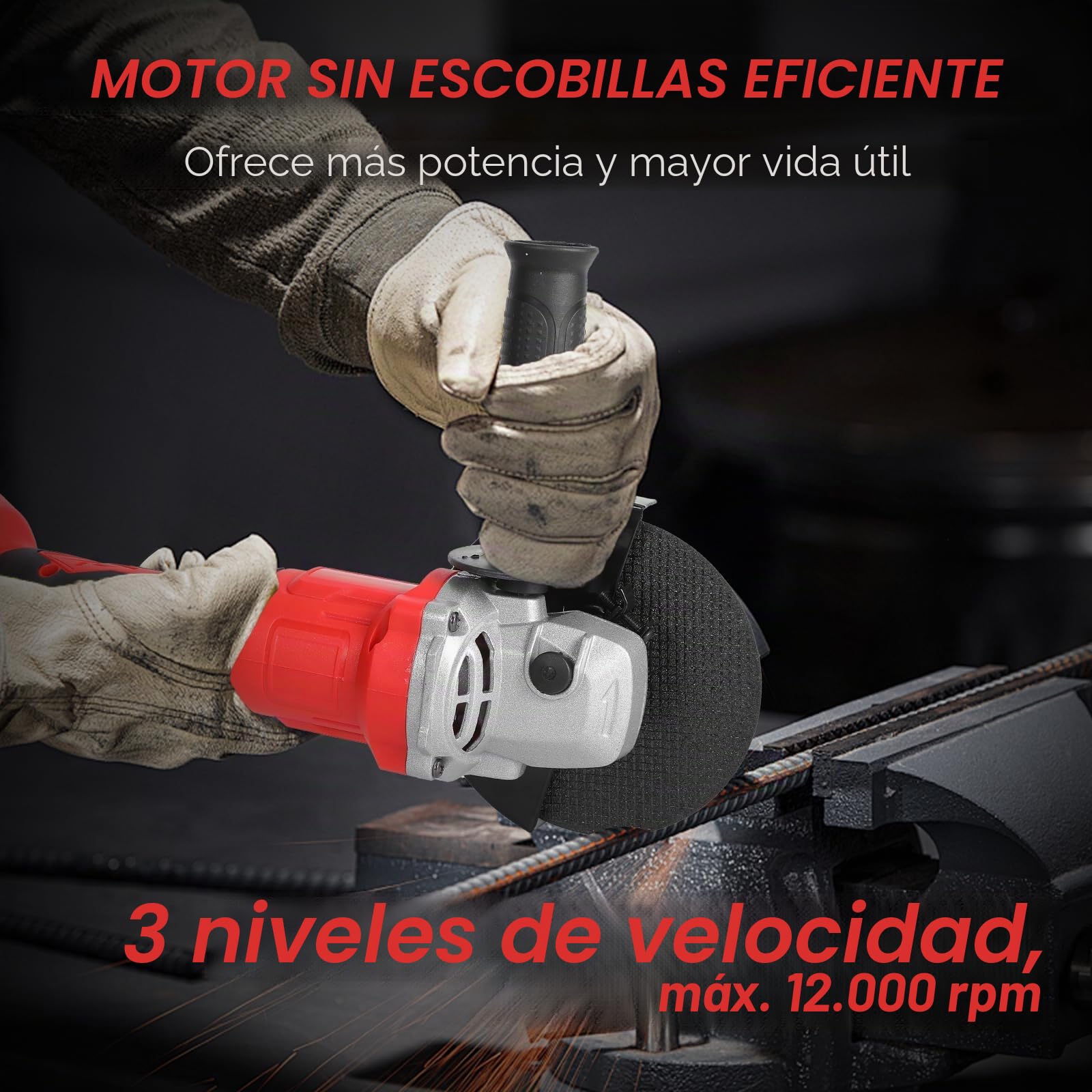 Amoladora Angular a Batería 2x 3000 mAh& Cargador Rápido, 21V, 125 mm Amoladora Angular Eléctrica sin Escobillas con 6 Discos para Cortar, 3 Velocidades, 12.000 RPM, para Cortar, Desbastar