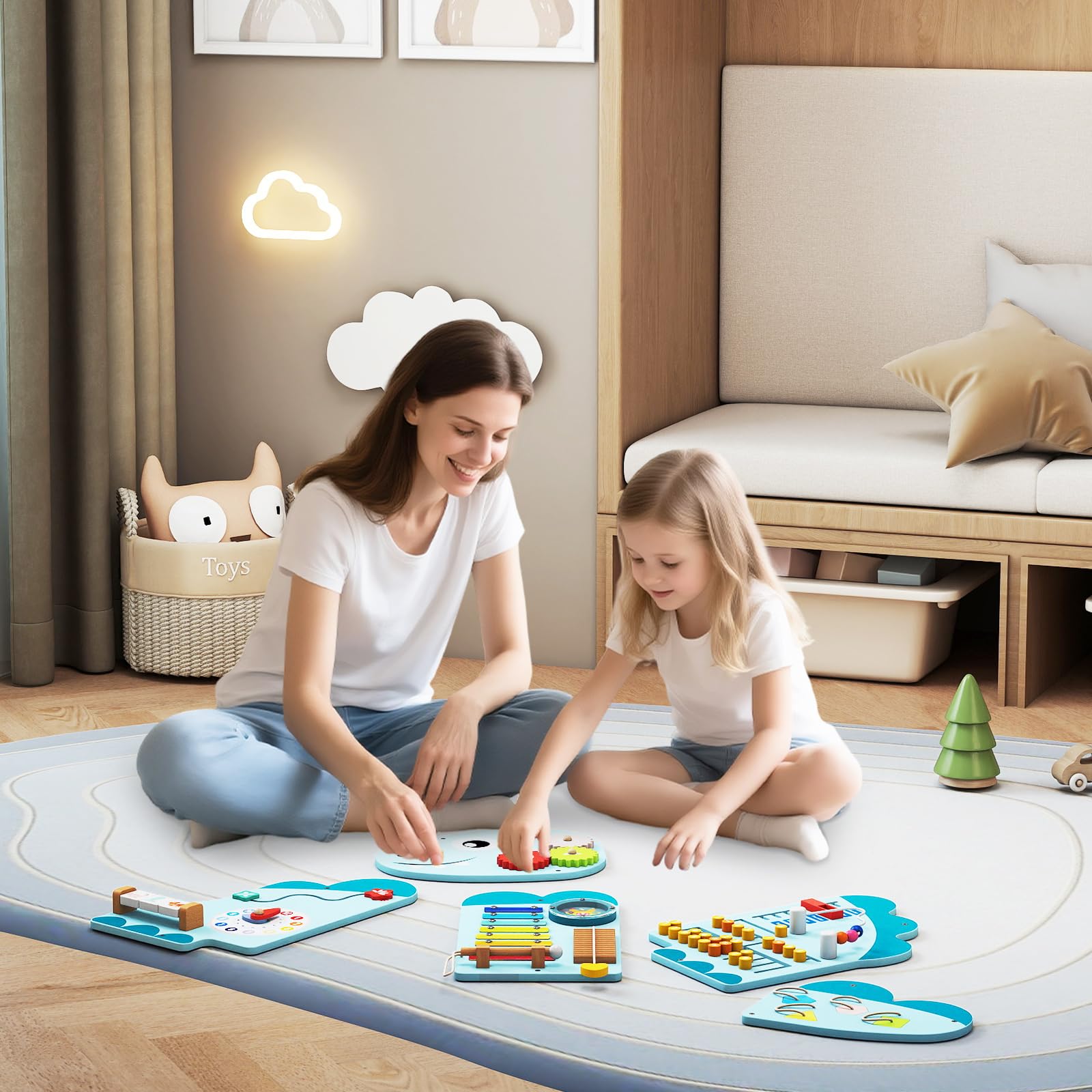 COSTWAY Montessori Motoriekbord, 11-w-1 Deska zabaw z drewna z blokami i ksylophonem oraz abakusem, zabawka Montessori, deska zabaw dla dzieci od 1 roku życia (niebieski)