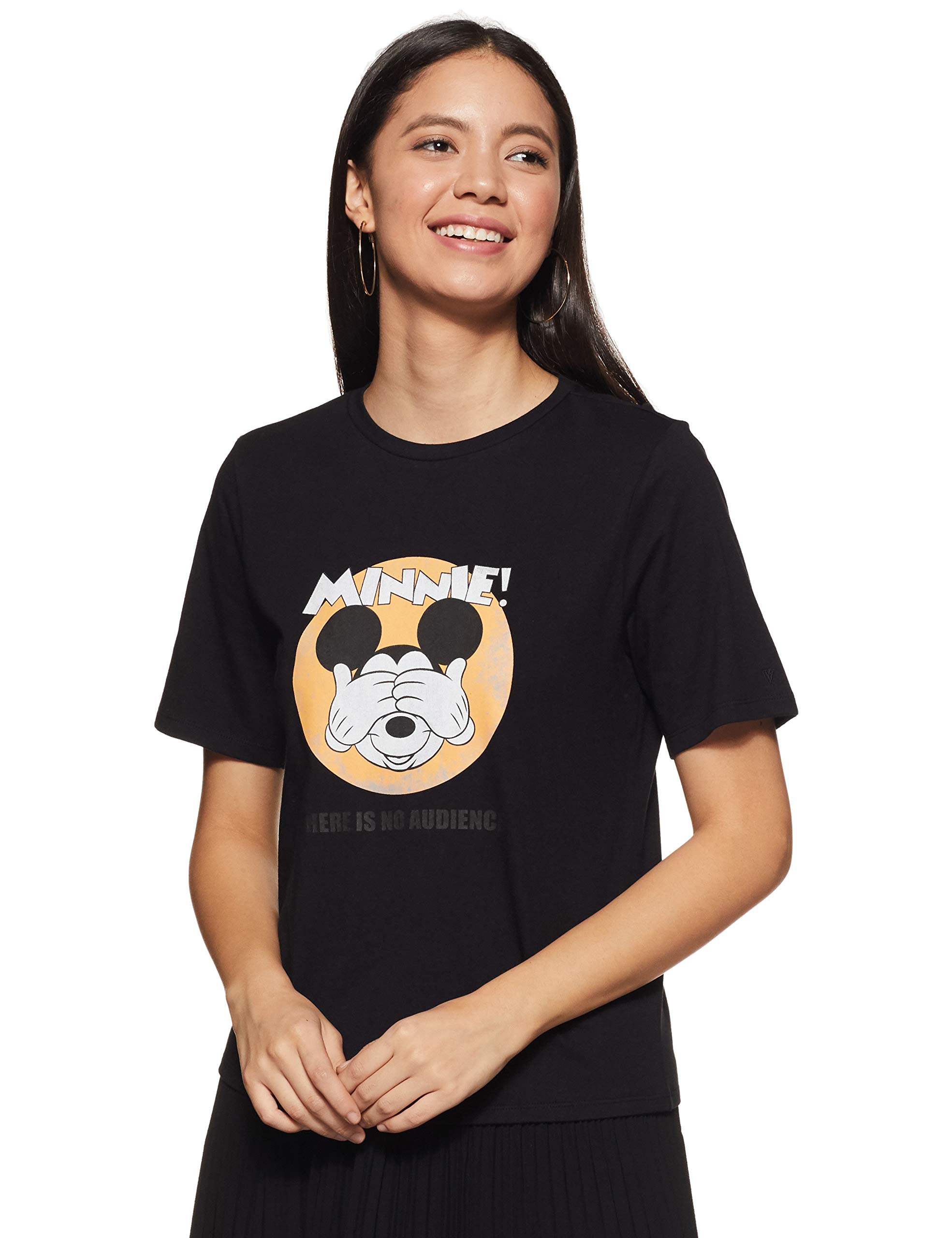 Mirako by Van Heusen Women's Plain Regular fit T-Shirt (VWCTURGB327076_Black Large)