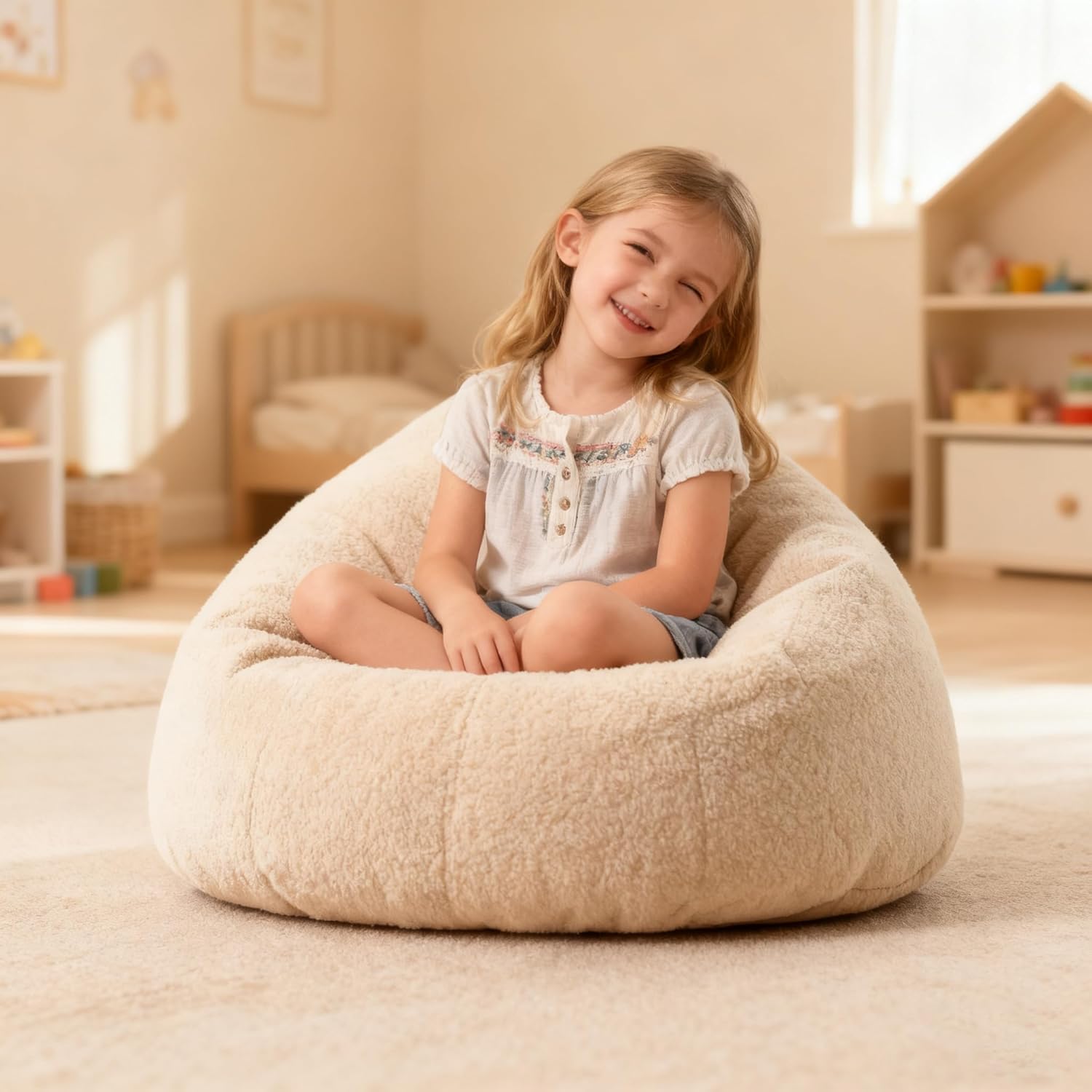 Kids Bean Bag Chair Memory Foam Filled Toddler Chairs Comfy Beanbag Chair Sofa Couch for Girls and Boys Pets Dogs/Cats Playroom S Cream
