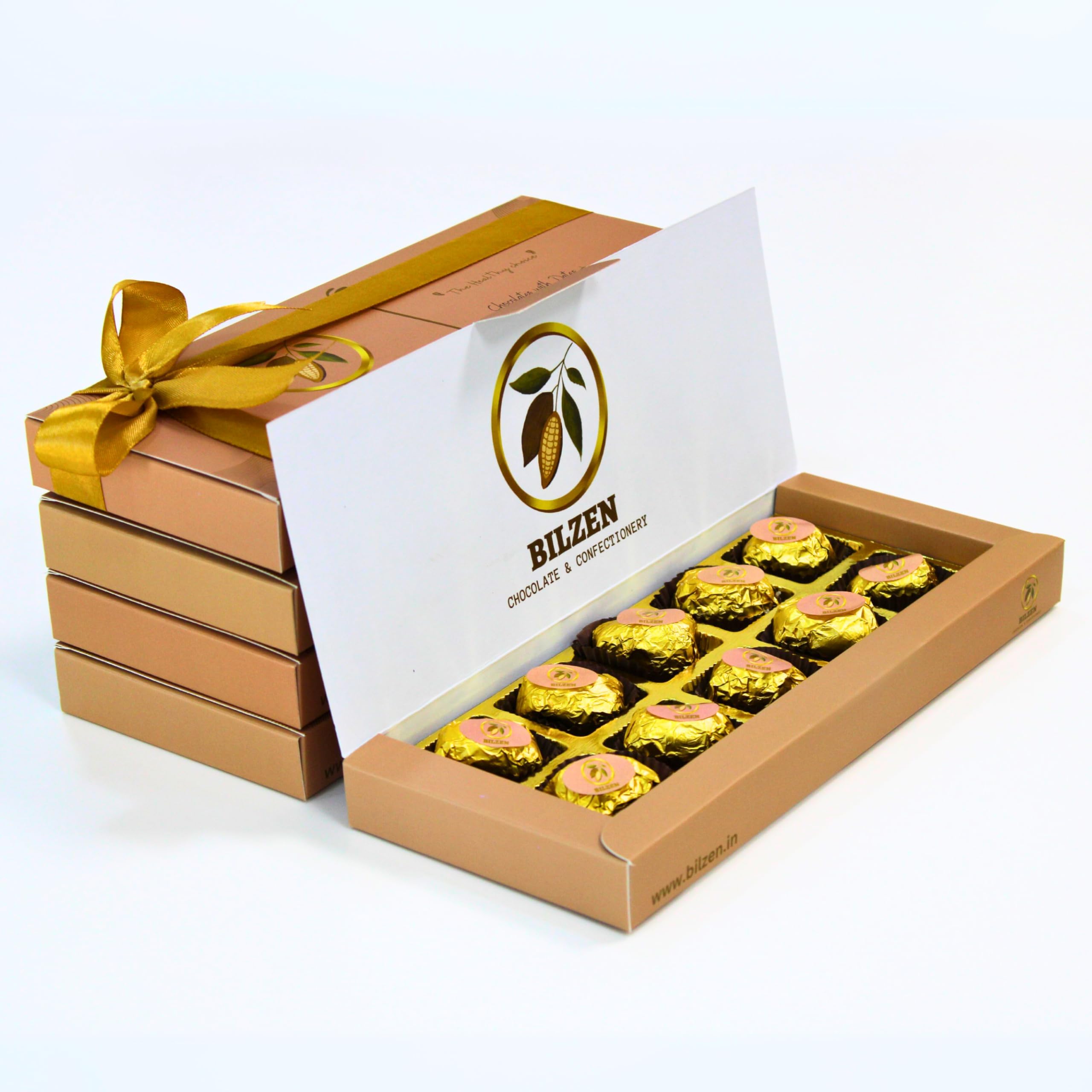 BILZEN Gourmet Milk Chocolates With Dates And Roasted Hazelnut Gift Box | No Preservative I No Added Sugar | Healthy Snacks | 10 Piece, Pack of 1