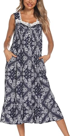 AVIIER Cotton Nightgowns for Women Sleeveless House Dress Ladies Long Nightdress with Pockets S-XXL