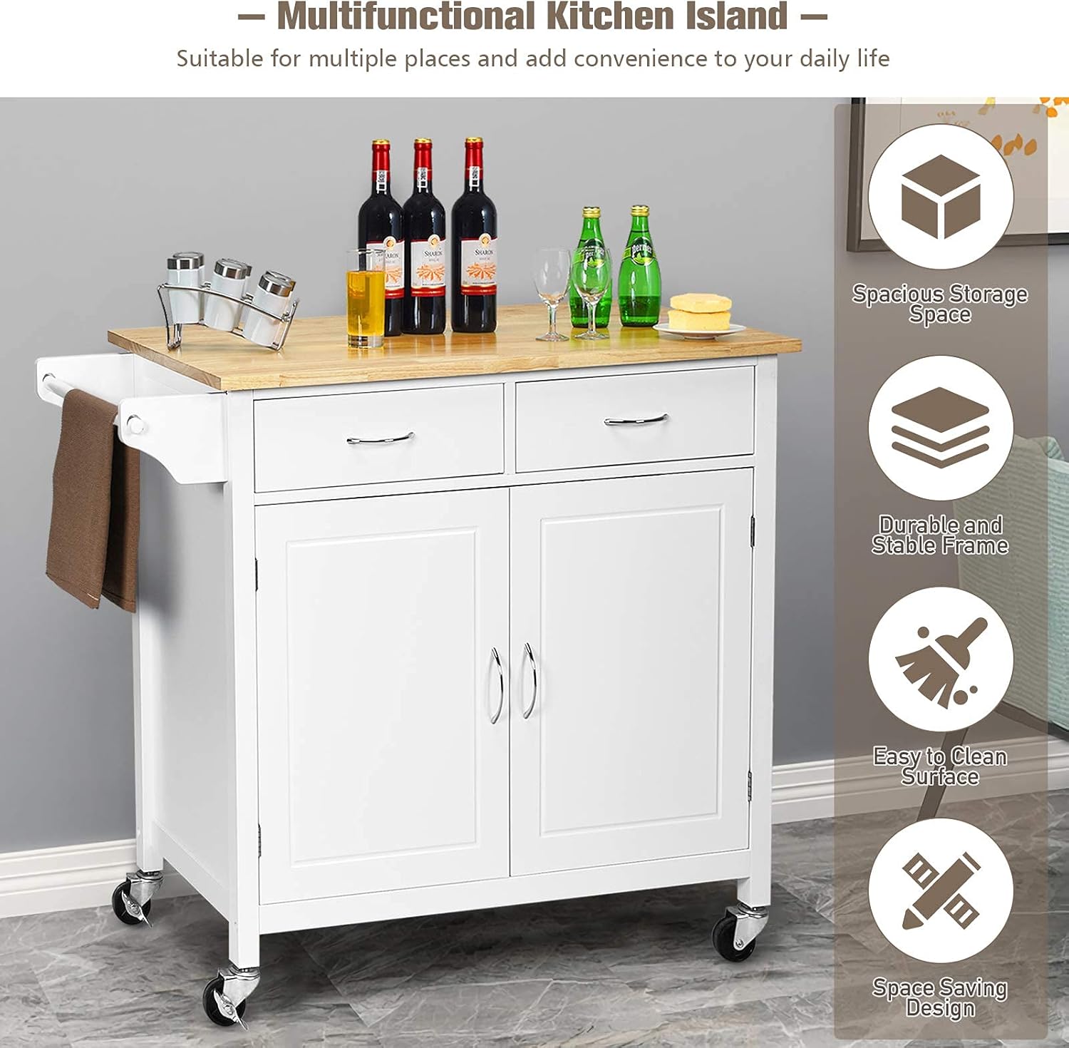 Nafort Rolling Kitchen Island Cart on Wheels, Utility Trolley Cart Bar Serving Cart w/Rubber Wood Top, Handle Rack, Storage Cabinet and Drawers for Home Kitchen Dining Room, White - Kitchen Islands & Carts
