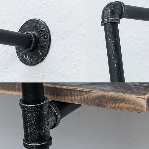 Miniatura 5 de MBQQ, Estantes de tubería industrial con madera, estante de montaje en pared rústico, estantería de metal colgada, estantería flotante de