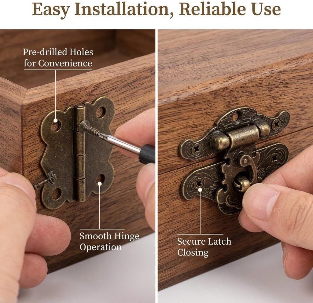 Antique Bronze Mini Box Hinges and Latch Set, Ornate Engraved Butterfly Hinges 1.2" x 1.08", Decorative Clasp 1.9" x 1.5", with Screws