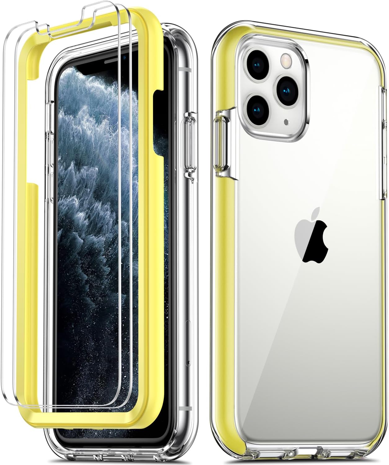 COOLQO Compatible with iPhone 11 Pro Max Case, and [2 x Tempered Glass Screen Protector] Clear 360 Full Body Coverage Hard PC+Soft Silicone TPU 3in1 Shockproof Protective Phone Cover Yellow