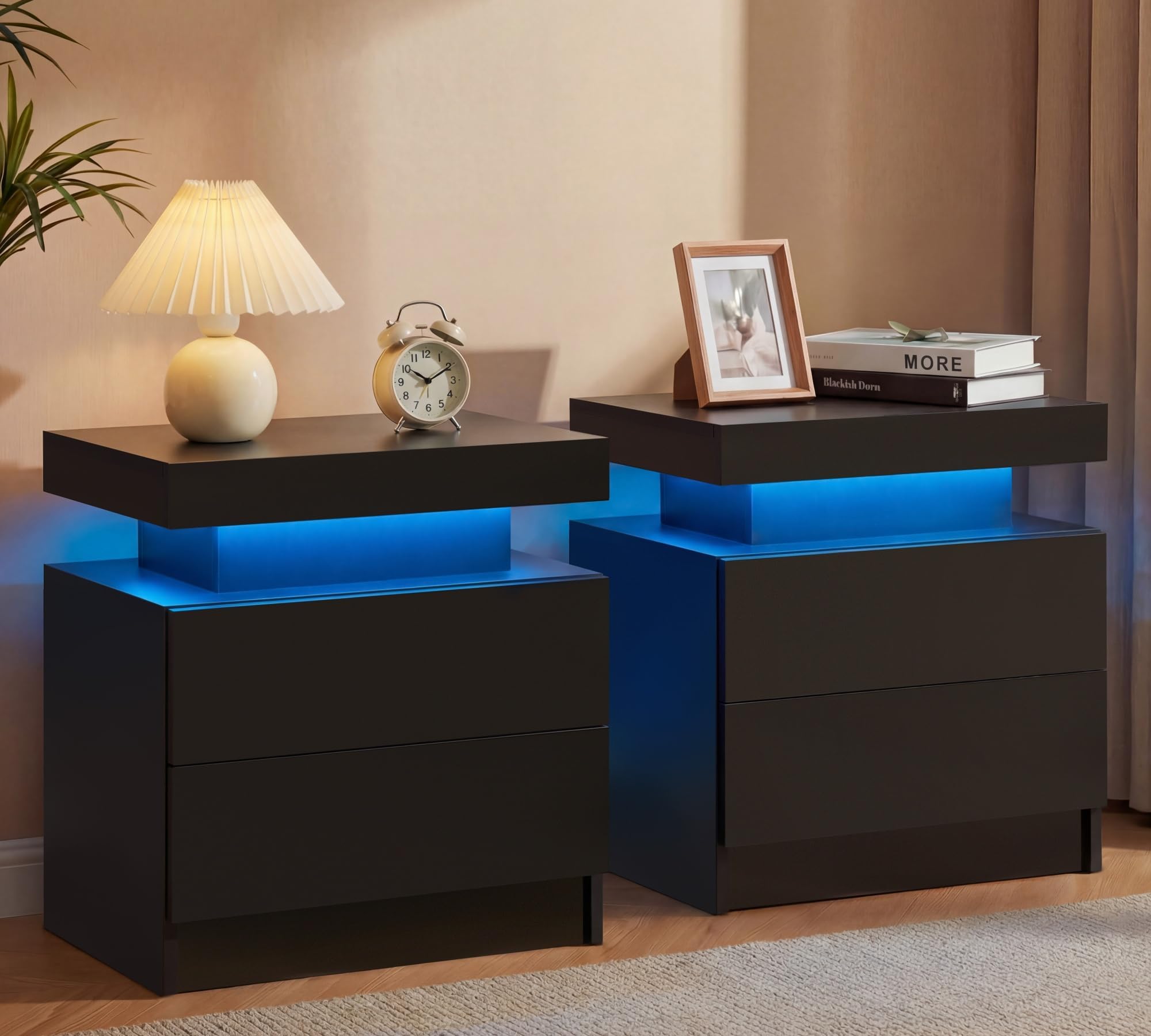 i-aplus Black Nightstand Set of 2 LED Bedroom Nightstands Set of 2 Modern Night Stands Set 2 Bedside Table with 2 Drawers for Bedroom