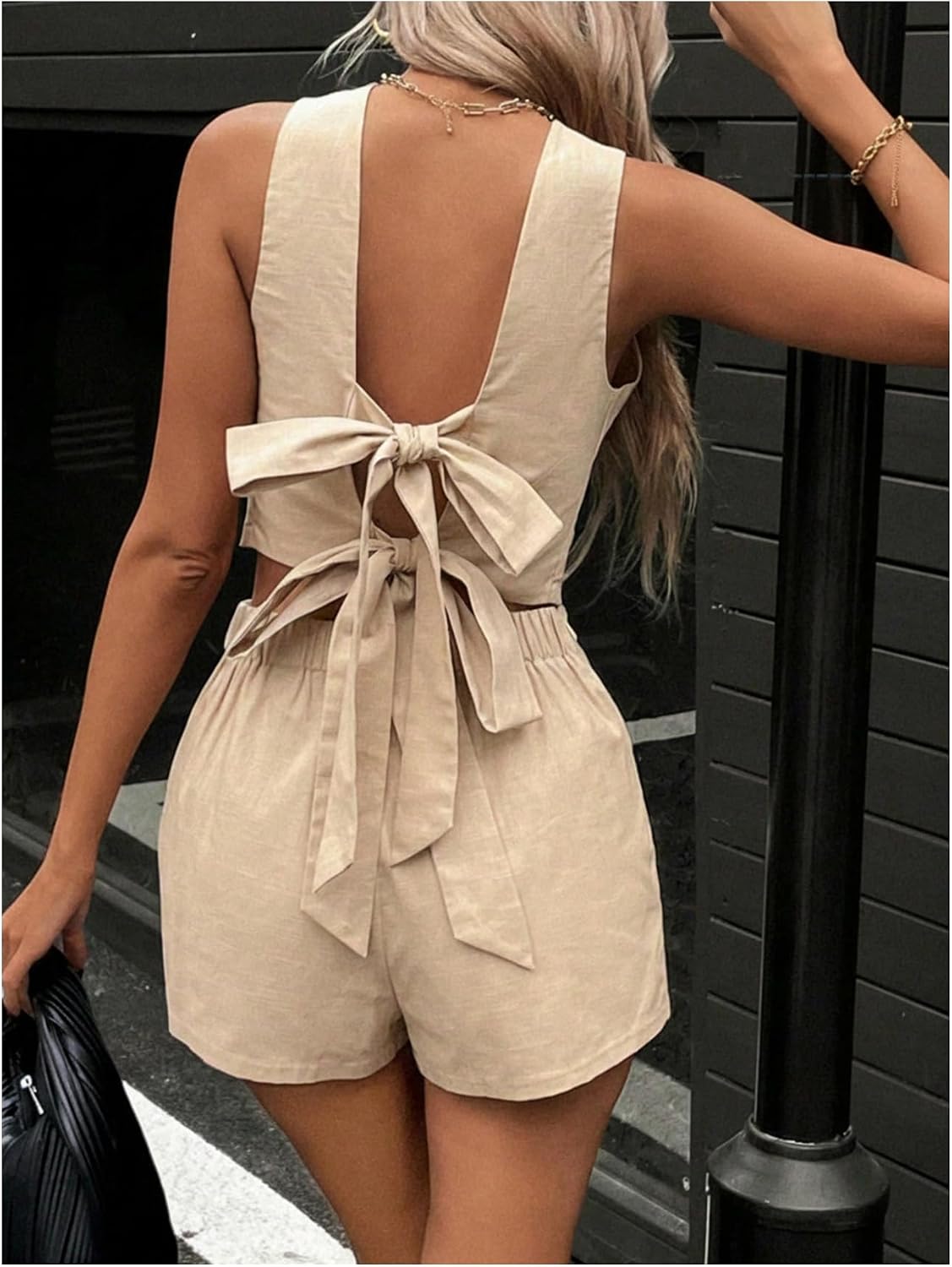 OYOANGLE Women's Two Piece Shorts Set Bow Open Back Crop Tank Top Elastic Waist Shorts Matching Outfits