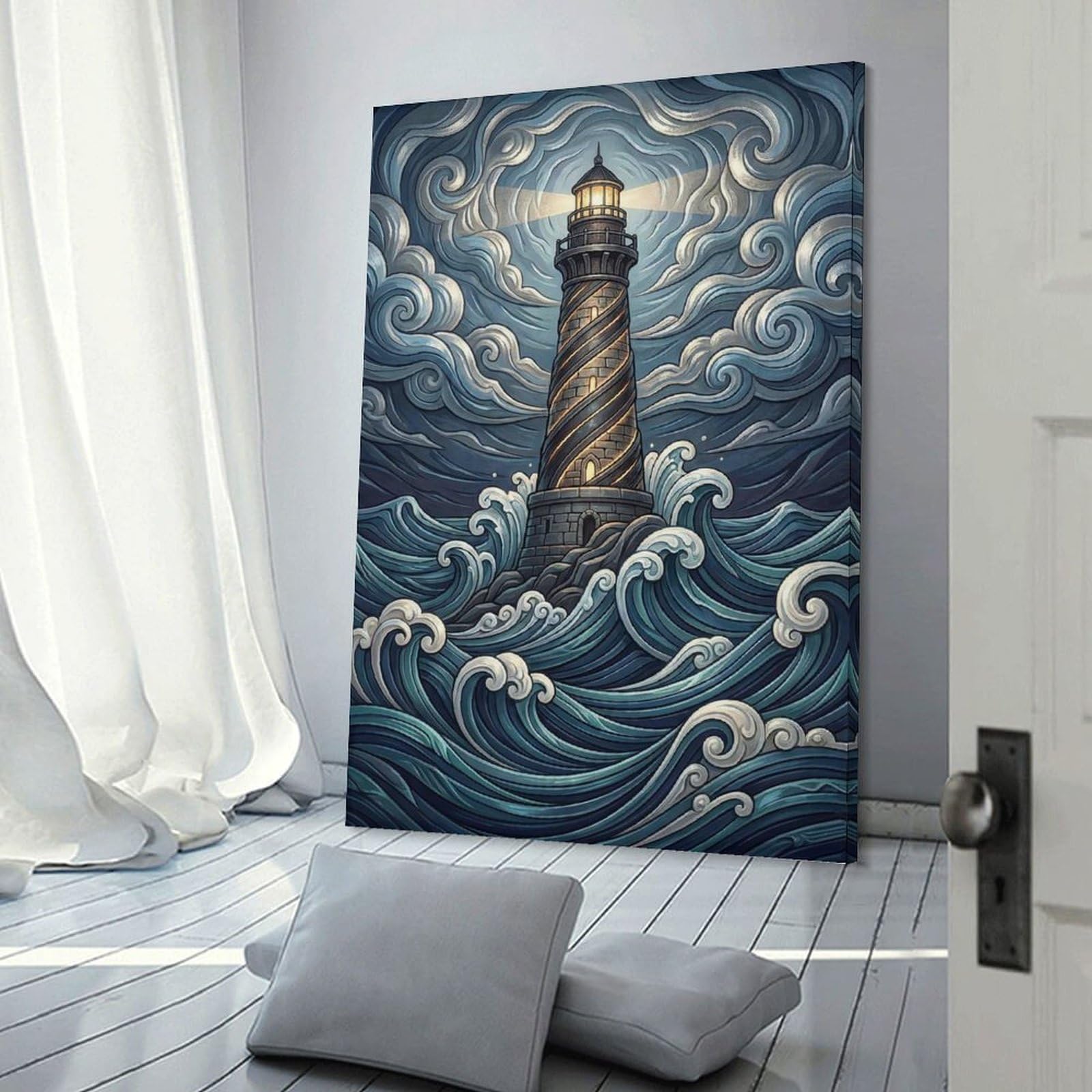 Junmoney Lighthouse in A Stormy Sea Wall Art Print, 24x36inch(60x90cm), for Workspace Walls, Study Corners Or Bedrooms, A Smart Decor Choice for Study Walls
