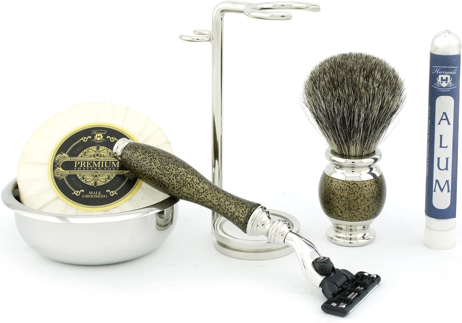 6 Pc Mens Shaving Kit 3 Edge Razor With Black Badger Hair Shaving Brush, Stand, Soap, Bowl and Alum Pencil Perfect Set For Men
