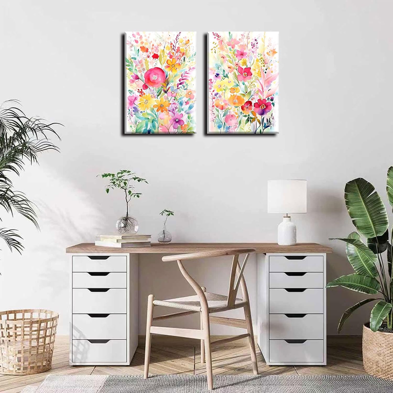 2Pcs Wildflower Canvas Wall Art Colorful Flowe Pictures Wall Decor Watercolor Posters Field Floral Paintings Botanical Vintage Prints Artwork for Living Room Bedroom12x16inframed