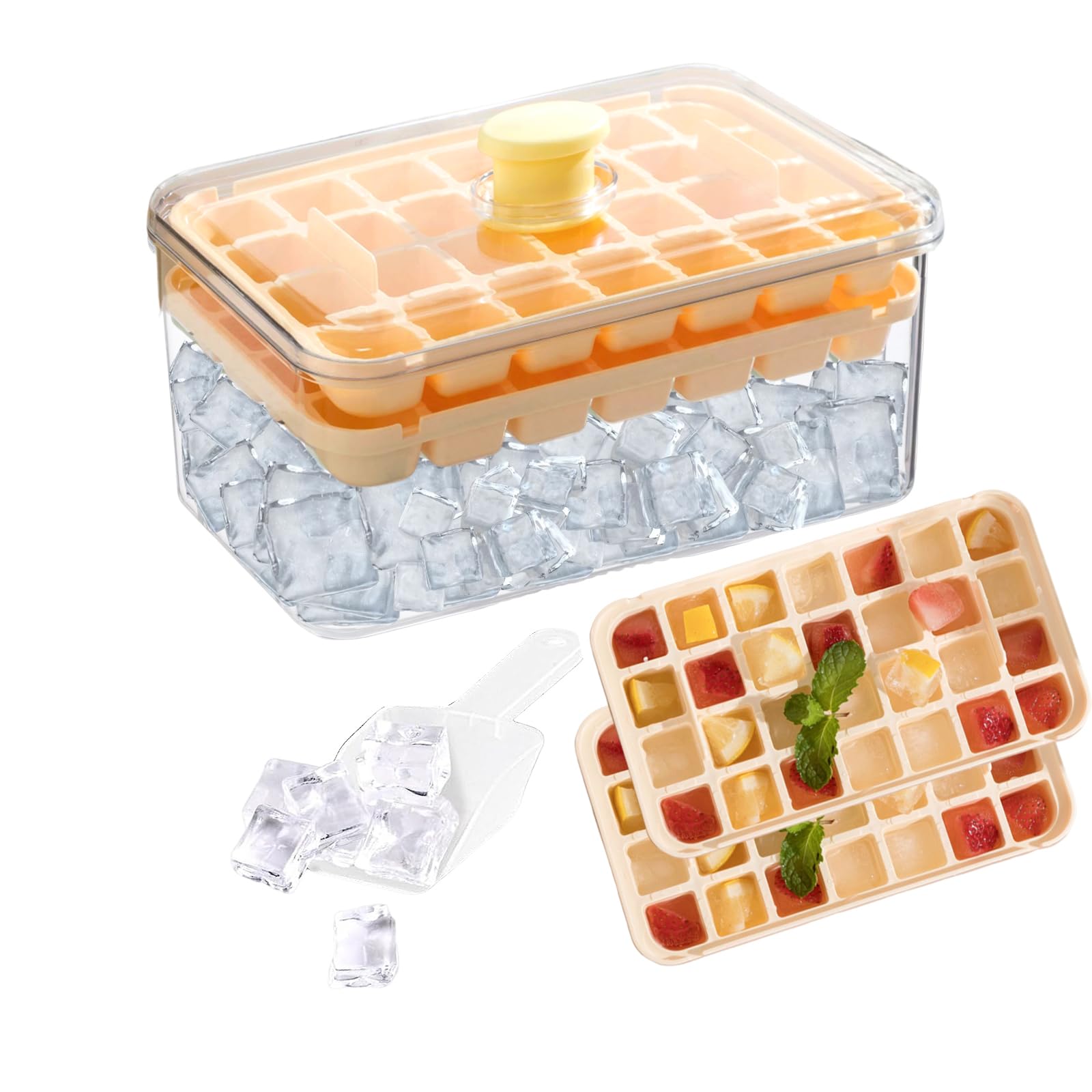 Ice Cube Trays with Lid and Bin,56 Pcs for Freezer,Ice Cube Mold, Ice Molds Ice Scoop,with 2 Pack Mini Trays, Ice Cube Tray Mold for Whiskey Cocktail,Juice,Coffee(Yellow)
