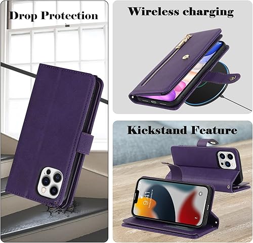 Miniatura 6 de Havaya Funda tipo cartera para iPhone 12 con tarjetero para iPhone 12 Pro, funda tipo cartera con cremallera y ranuras para tarjetas de crédito para