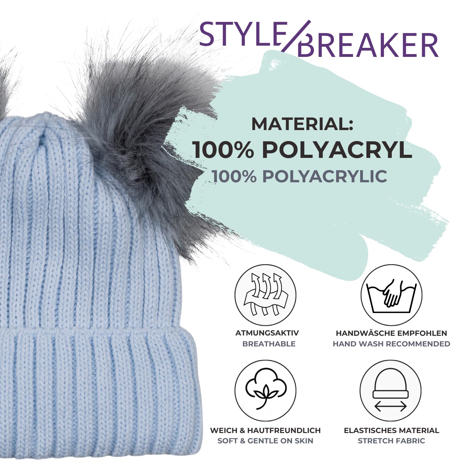 styleBREAKER Gorro de Punto para niños con 2 Pompones de Piel sintética y Forro Polar, Gorro de Invierno, Gorro de Punto, 2-5 años 04024203
