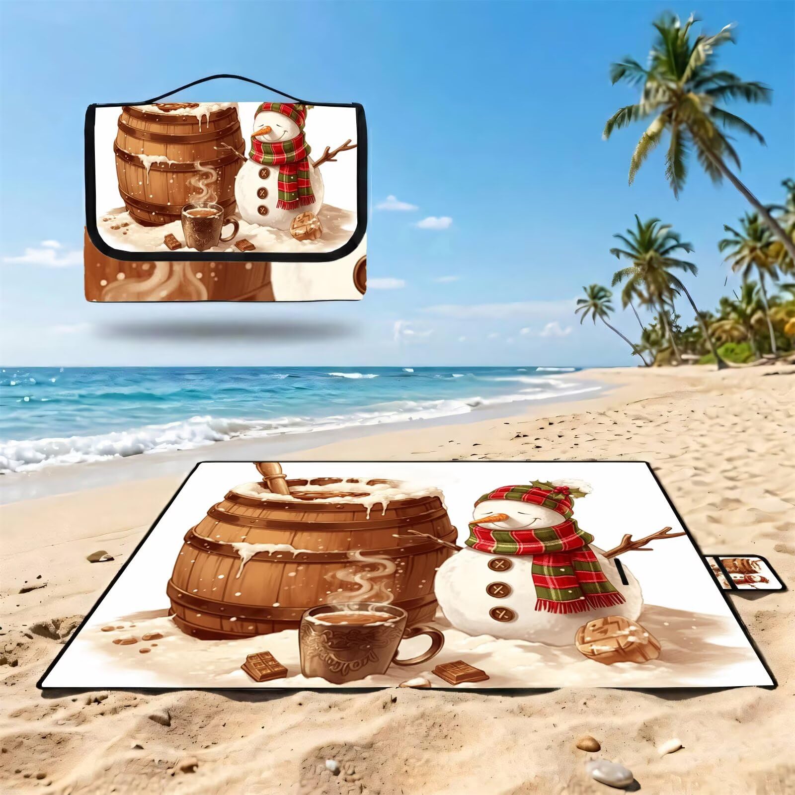 Coperta de Picnic Grande 200x200 cm, Natale Manta Picnic Impermeable Anti-Sabbia Manta de Playa Pieghevole, Outdoor Picnic Blanket per Spiaggia, Camping, Giardino, Trekking - pupazzo di neve FZ-32