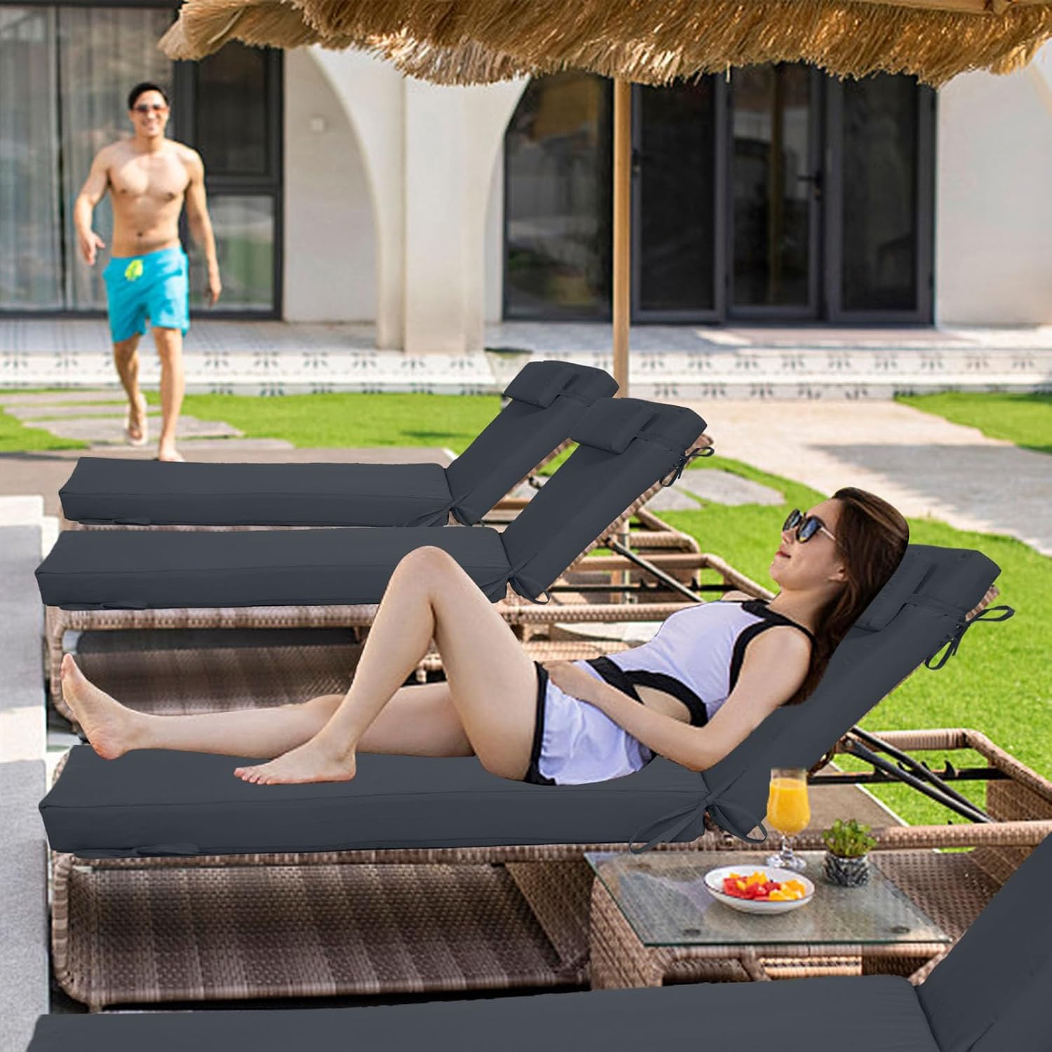 2 Pcs Chaise Lounge Cushions Outdoor, Waterproof Anti-Fade Lounge Chair Cushion for Patio Lawn Pool Resort Hotel Chaise Lounge Cushion, 21 x 72 x 3 (Dark Gray)