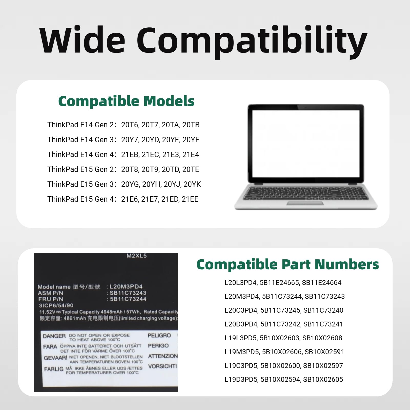 57Wh L20L3PD4 Laptop Akku Kompatibel mit Lenovo ThinkPad E14 E15 Gen 2/3/4 Series, 11.52V Ersatzakku für L20C3PD4 L20D3PD4 L20M3PD4 L19M3PD5 L19C3PD5 L19D3PD5 5B11E2466 SB11E24664