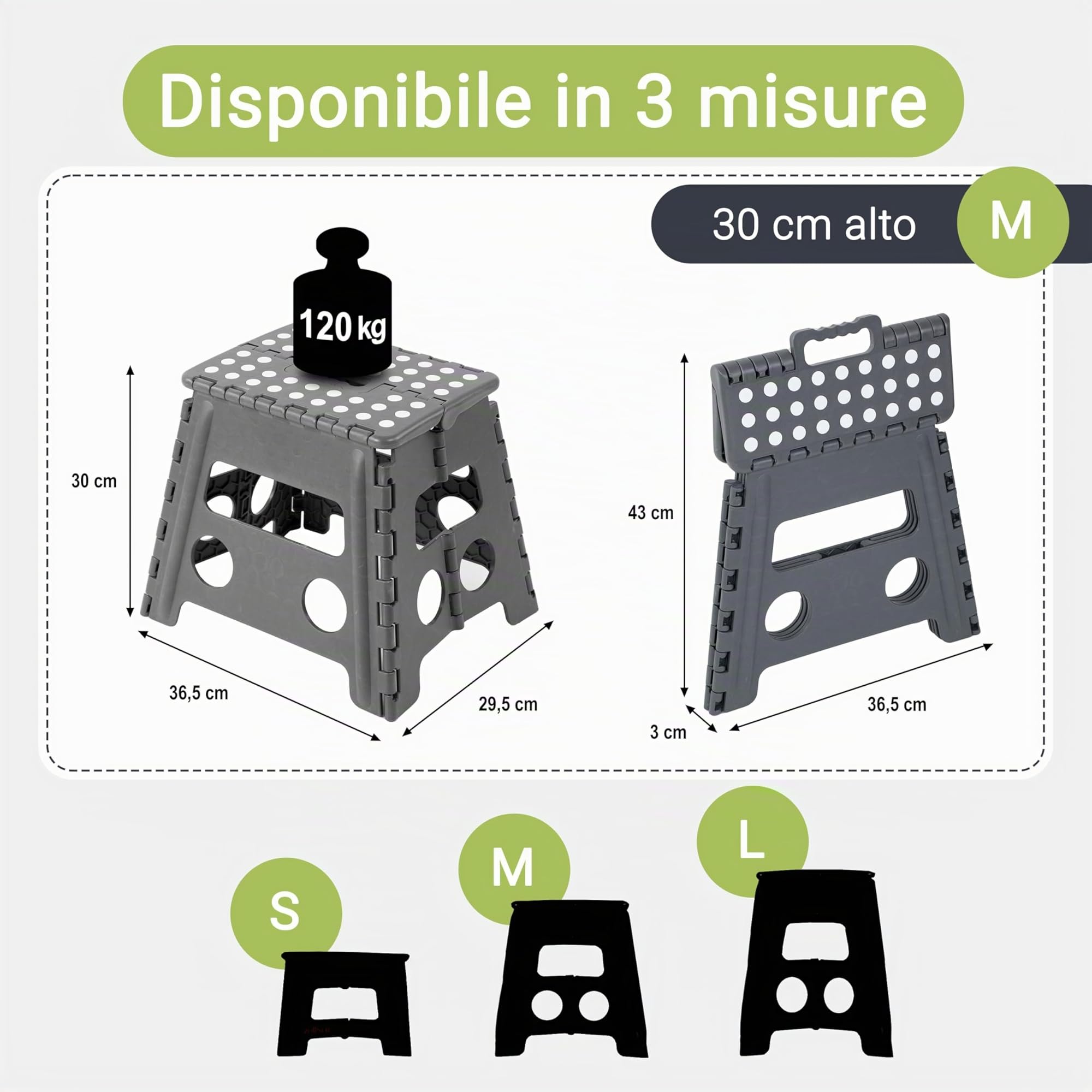 ZOLLNER Sgabello pieghevole - altezza 30 cm - sedia pieghevole - scaletta - per adulti o bambini - cucina, bagno, campeggio, stanza - colore grigio