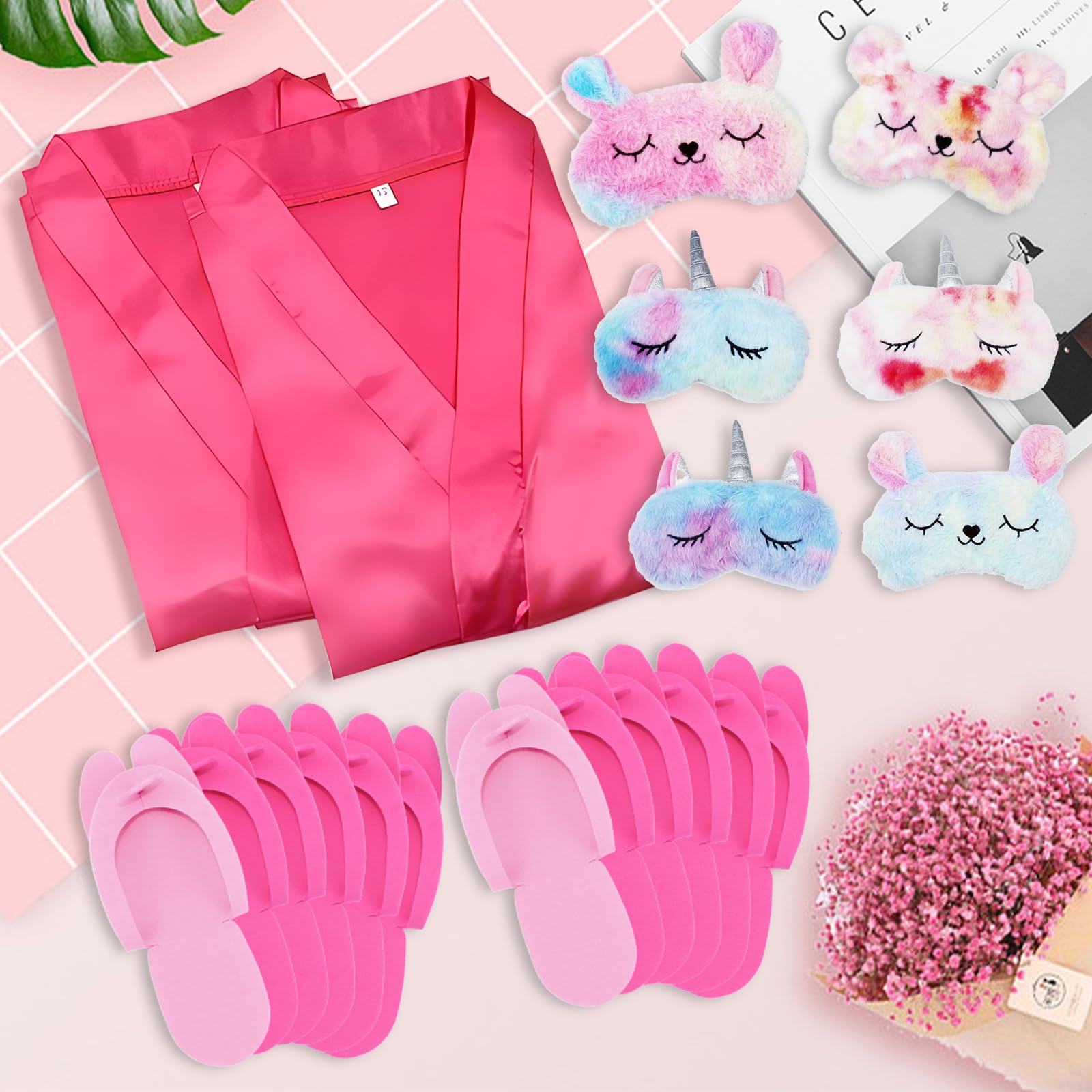 MSYU Lot de 30 fournitures de fête spa pour filles, 6 peignoirs en satin, 6 pantoufles pour enfants, soirée pyjama, fête d'anniversaire, spa – Étiquette de taille 8, rose rouge, rose