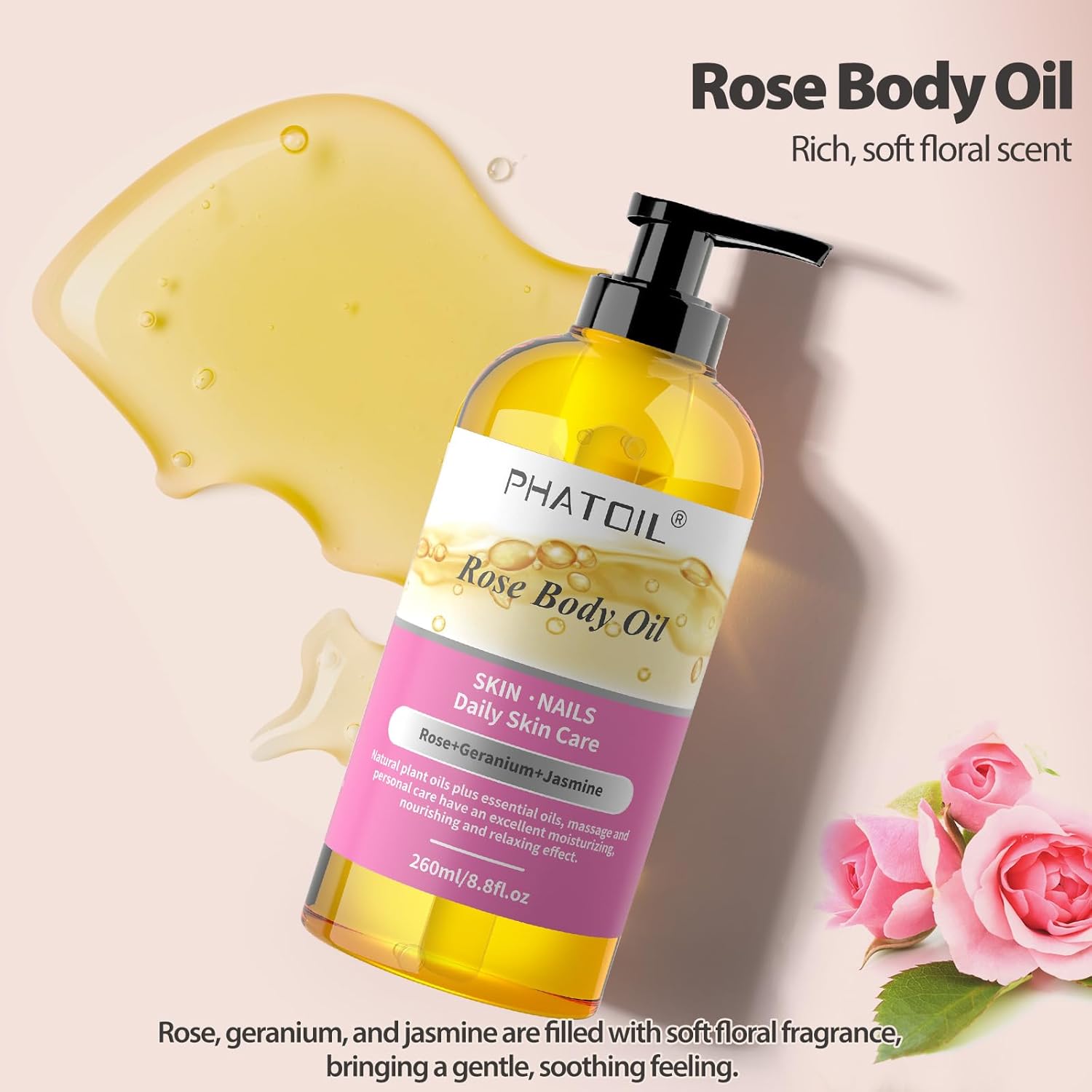 PHATOIL Rose Body Oil with Pump, 260 ml (8.8 fl.oz) Premium Quality Massage Oil for All Skin Types, Blends of Natural Plant Oils and Essential Oils, Rose Oil Scented Body Oils for Women and Men - Image 2