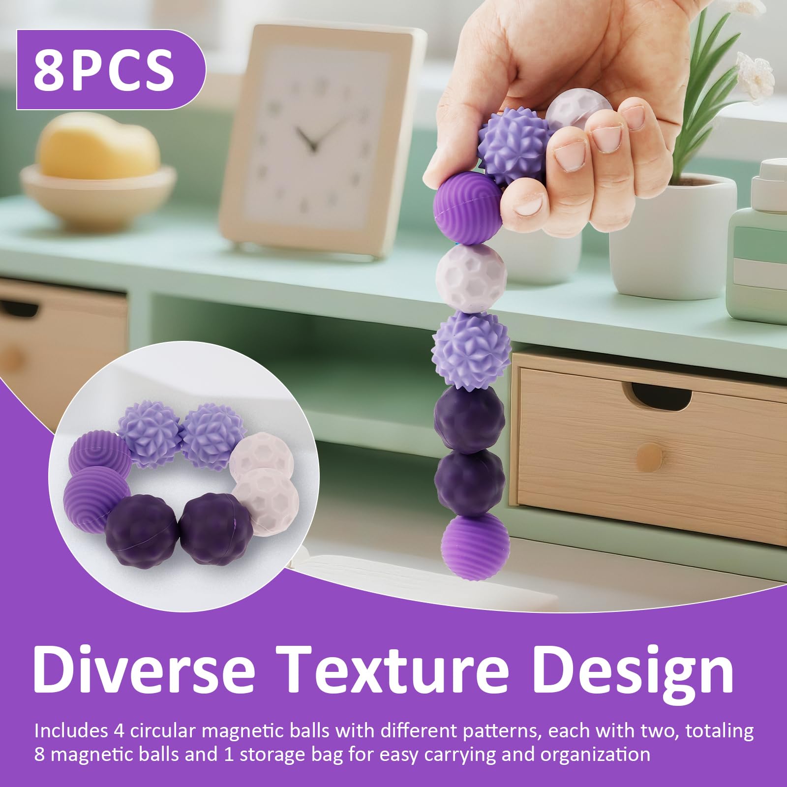 Lot de 8 balles d'acupression magnétiques en silicone, compactes, portables, avec boîte de rangement, jouets magnétiques avec multi-texture, jouets