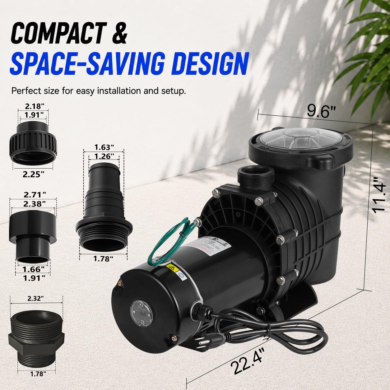 SmarketBuy Pompa per piscina da 1,5 HP, doppia tensione 115/230 V, pompa per piscina ad alto flusso, 108 GPM pompa per piscina fuori terra grande cestello, 2 connettori 1-1/2NPT