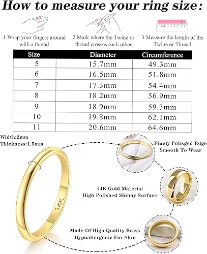 Miniatura 6 de FUNEIA Anillo chapado en oro de 14 quilates para mujeres y hombres, 0.079 in, 0.118 in, 0.157 in, 0.197 in, 0.236 in, 0.315 in, 0.394 in, anillos de