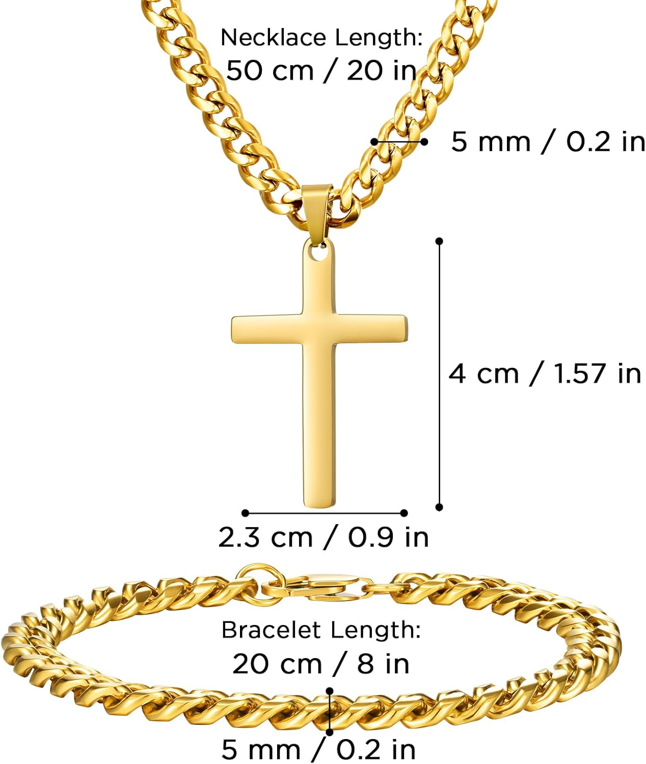 NORBU Stainless Steel Cross Necklace and Bracelet Set for Men, Cuban Link/Wheat/Figaro/Box Chains 20" Length, Bracelet 7 1/2" and 8" Length, No Tarnish & Durable Mens Religious Gift - Image 5