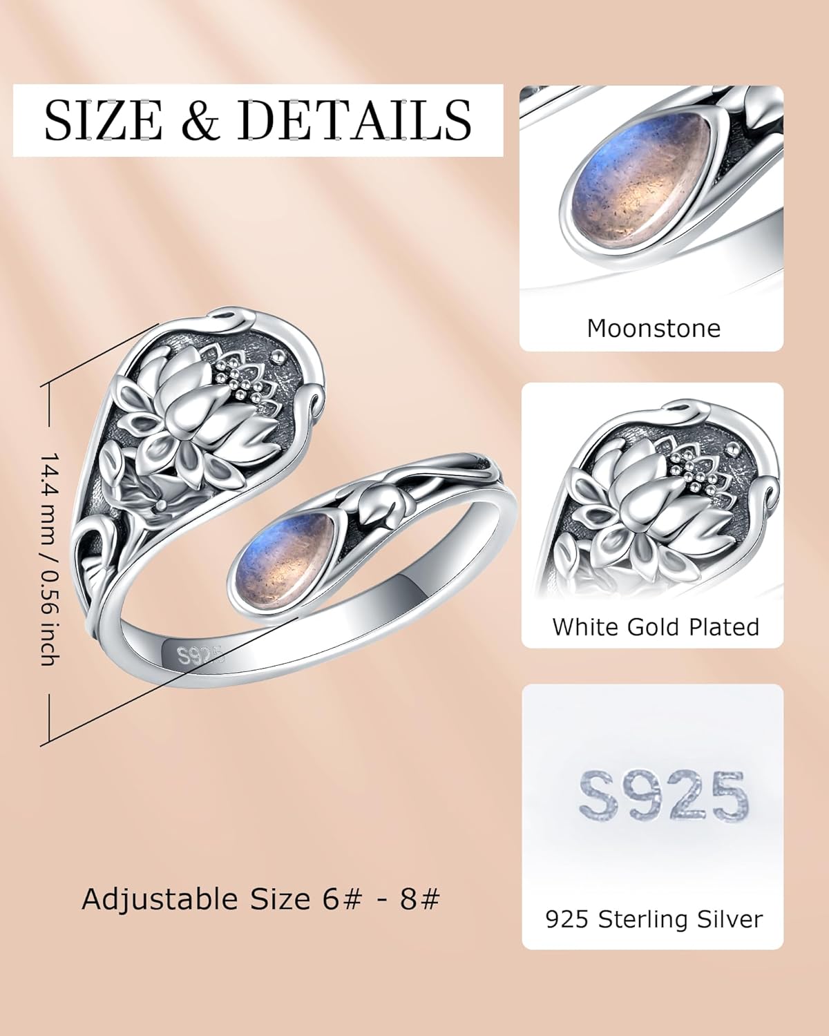 S925-Sterling-Silver Abalone Dragonfly-Turquoise Spoon Ring - Vintage Boho Sunflower Thumb Oxidized Wrap Rings Victorian Style Antique Floral Jewelry Gifts for Women - Image 6