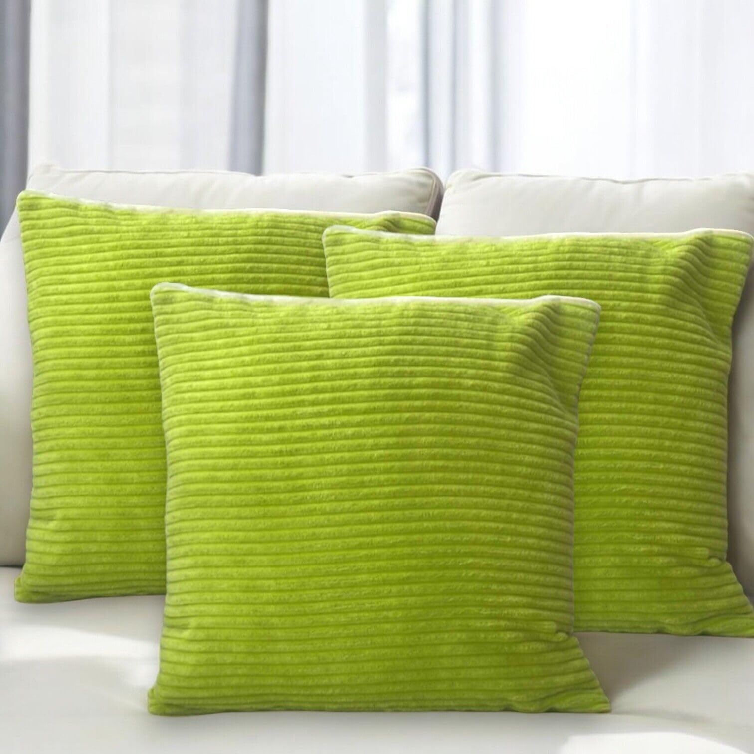 Seechoo Corduroy Cushion Covers, Set of 4, 40 x 40 cm, Plain Soft Striped, Assorted Colours (Lime Green), 40 x 40 cm (Pack of 4) - Image 4
