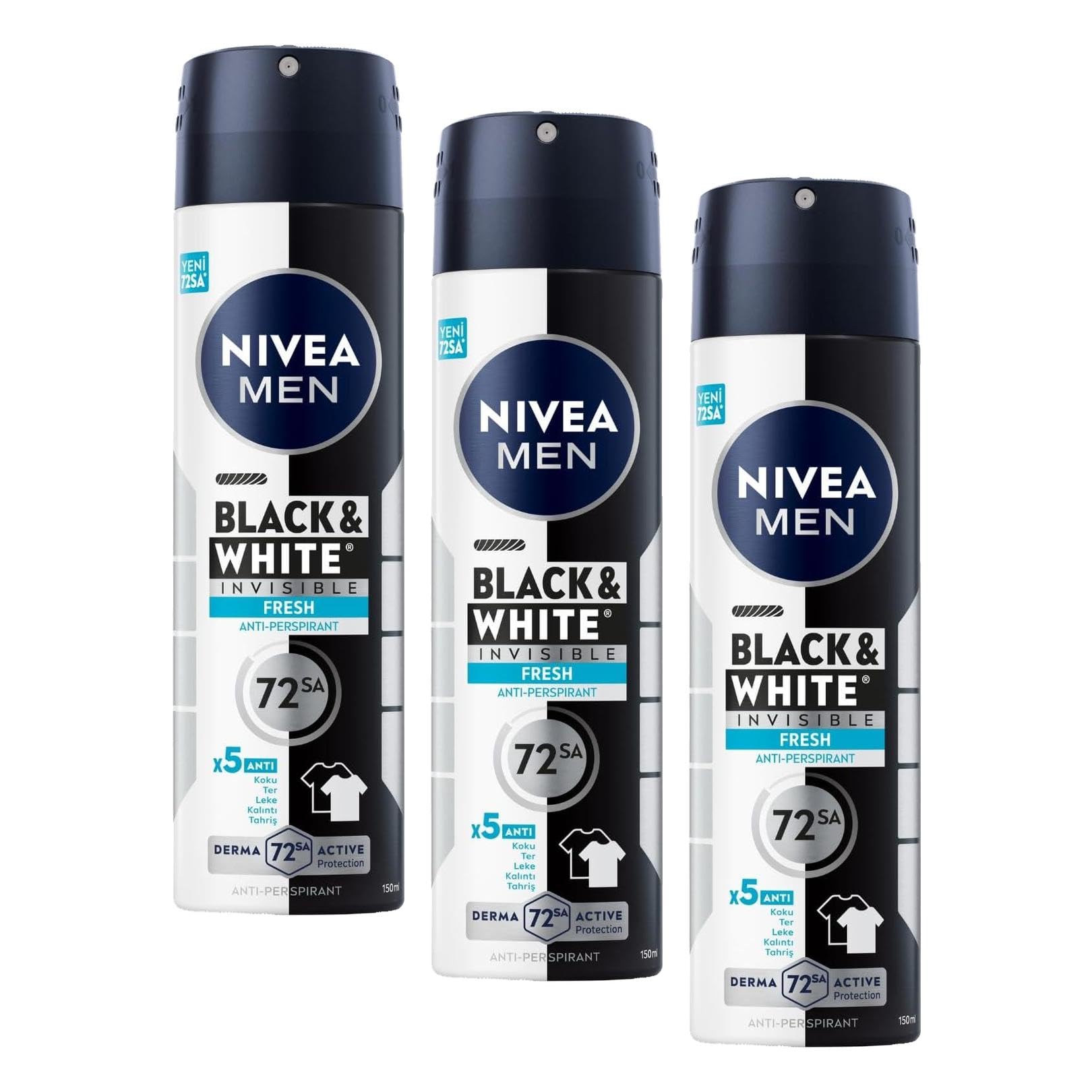 NIVEA MEN Erkek Sprey Deodorant Deodorant Black&White Invisible Fresh 150 ml,72 Saat Anti-Perspirant Ter ve Ter Kokusuna Karşı Koruma,Kıyafetlerde Leke Bırakmaz,Etil Alkol İçermez (3 paketi)