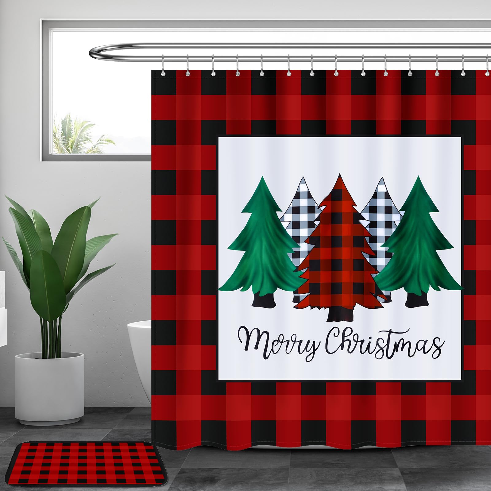 Rideau de douche Noël 72x72 avec tapis de bain 16x24 carreaux Buffalo et 12 anneaux