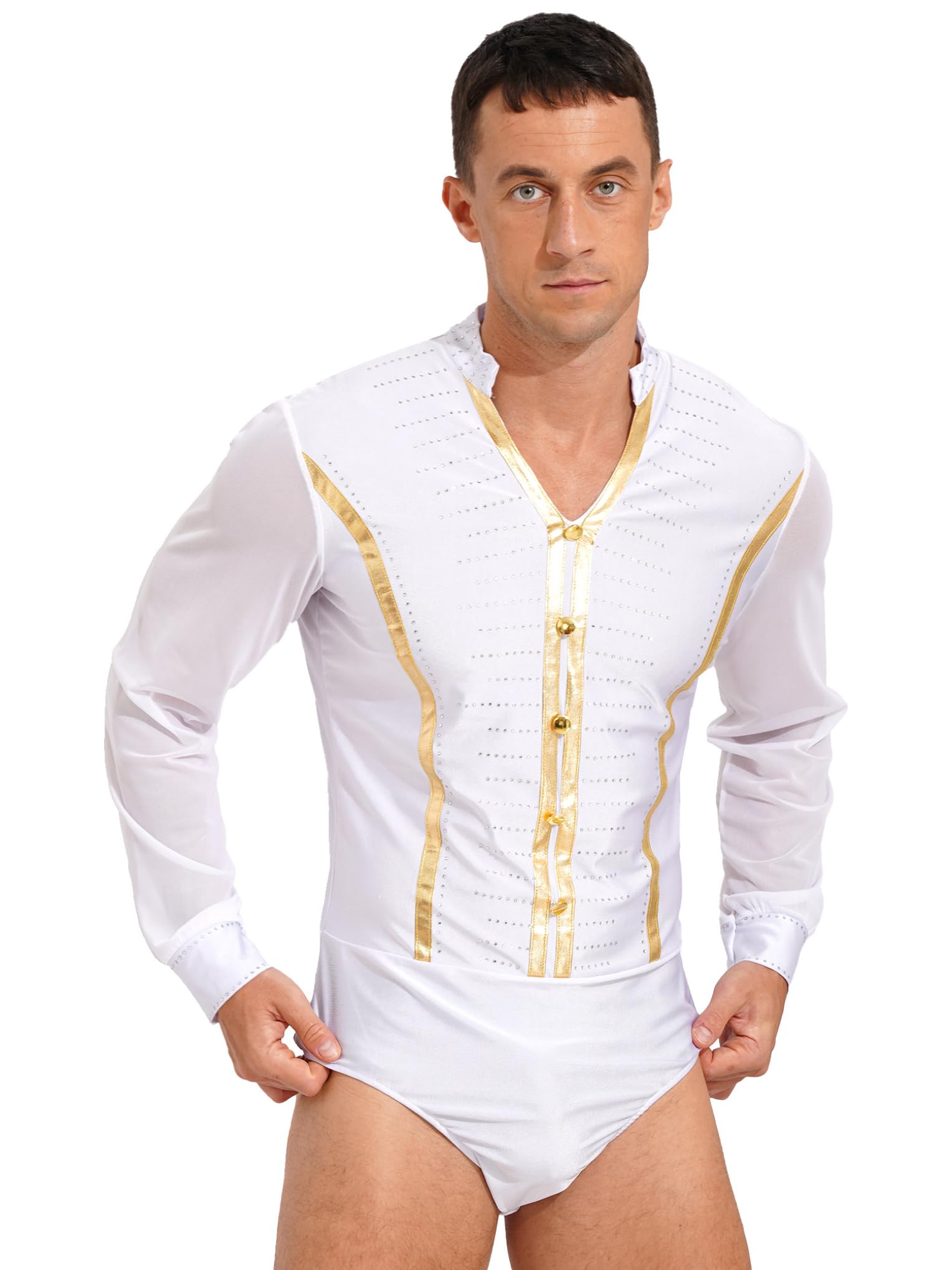 Maillot de Danza Ballet para Hombre Manga Larga Camisa de Baile Latino Cuello V Clásico Body Leotardo ​de Danza Tango Samba Salsa Elástico