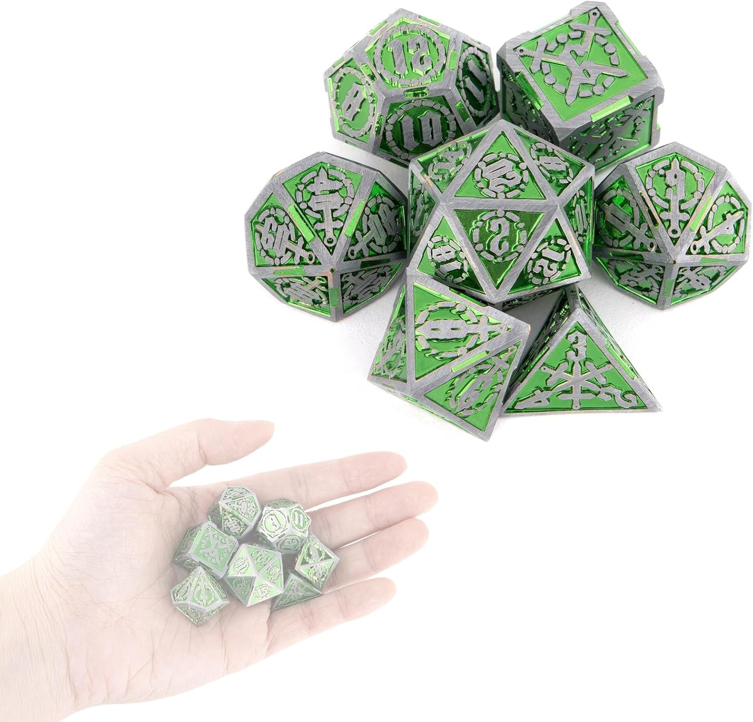 7-piece Green Silver Twin Swords Metal Dice Set, Compatible with Role Playing RPG Board Game Card Game