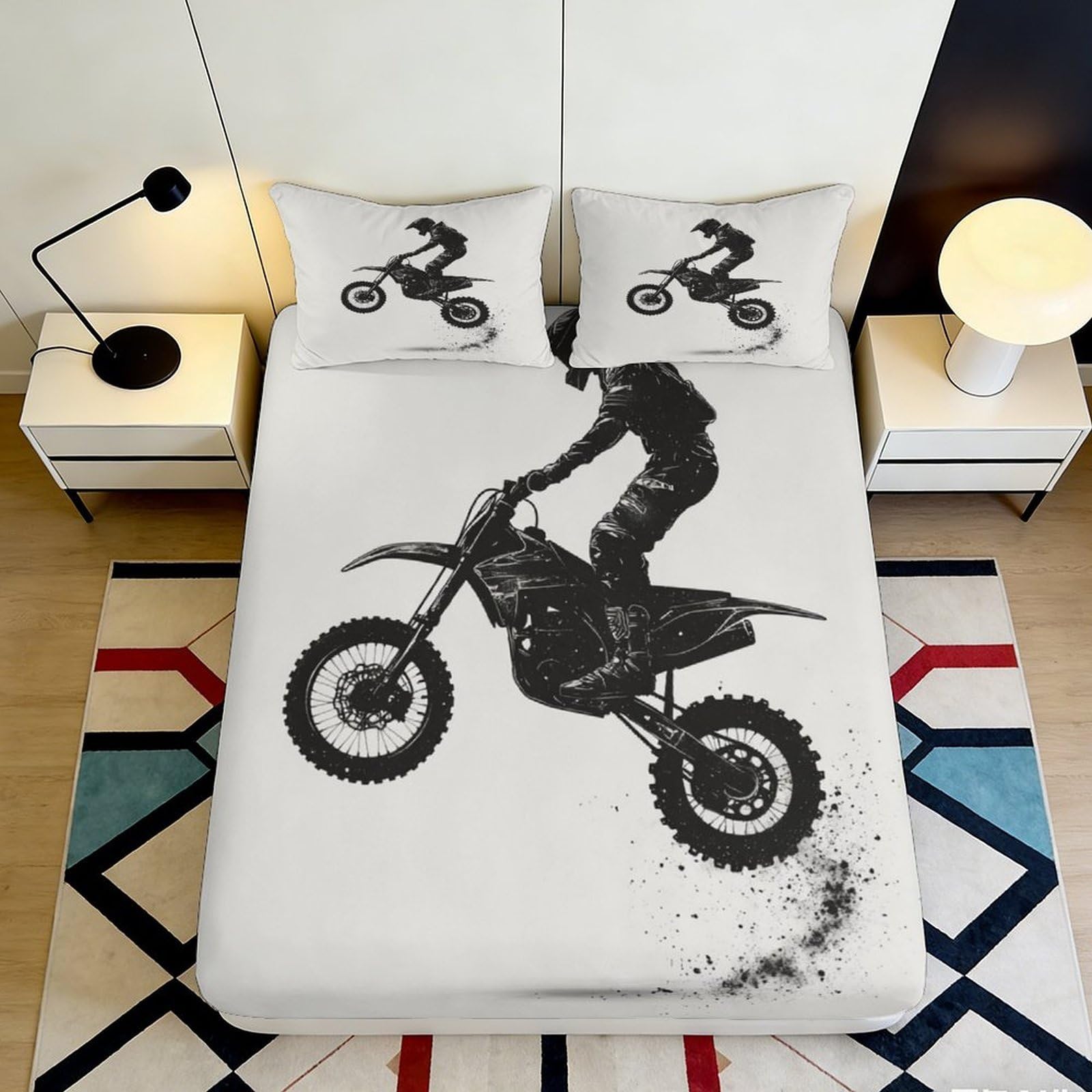 3D Printed Motocross Rider Fitted Sheet Microfiber Soft Breathable Dirt Bike Bed Cover for Bedroom Dorm Decor 90x200x25cm