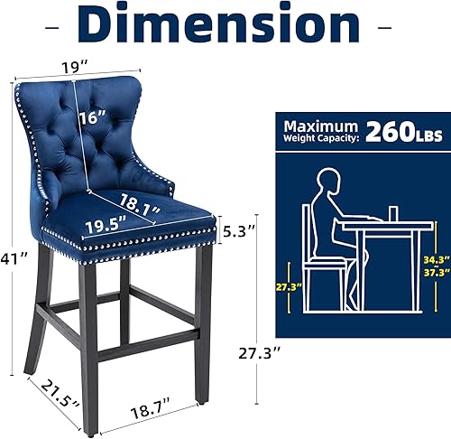Miniatura 3 de GOOLON Juego de 2 taburetes de bar para encimera de cocina, taburete de comedor, silla tapizada de terciopelo, taburete de bar con respaldo copetudo