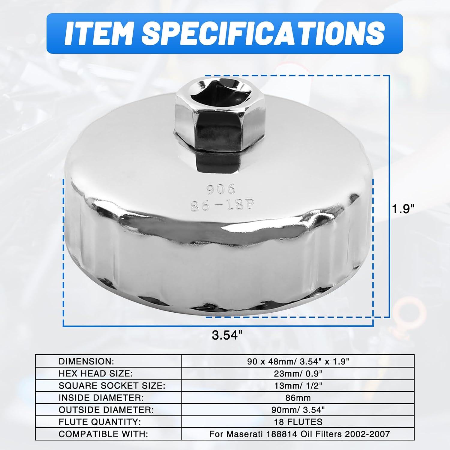 86mm Oil Filter Wrench: 18 Flutes Oil Filter Removal Tool Compatible with Maserati 188814 Oil Filter