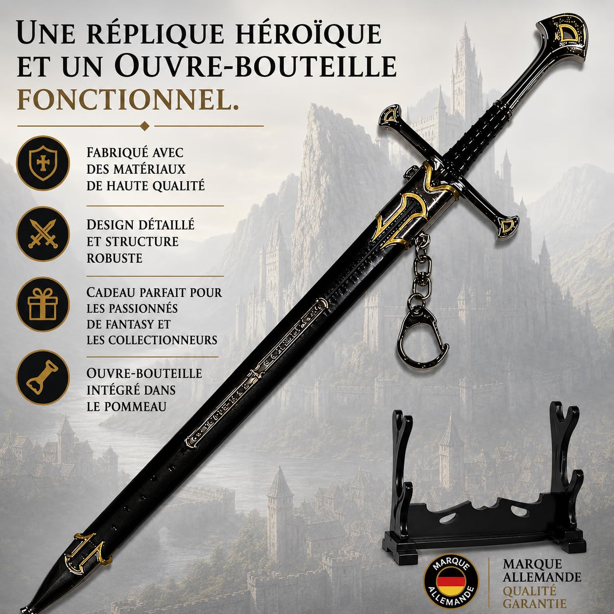 Le Seigneur des Anneaux Anduril Épée XL Ouvre-lettres avec fourreau 30 cm | "Flamme de l'Ouest" d'Aragorn en métal | Réplique du Moyen-Oeuvre & Décoration de bureau | Cadeau Fantaisie