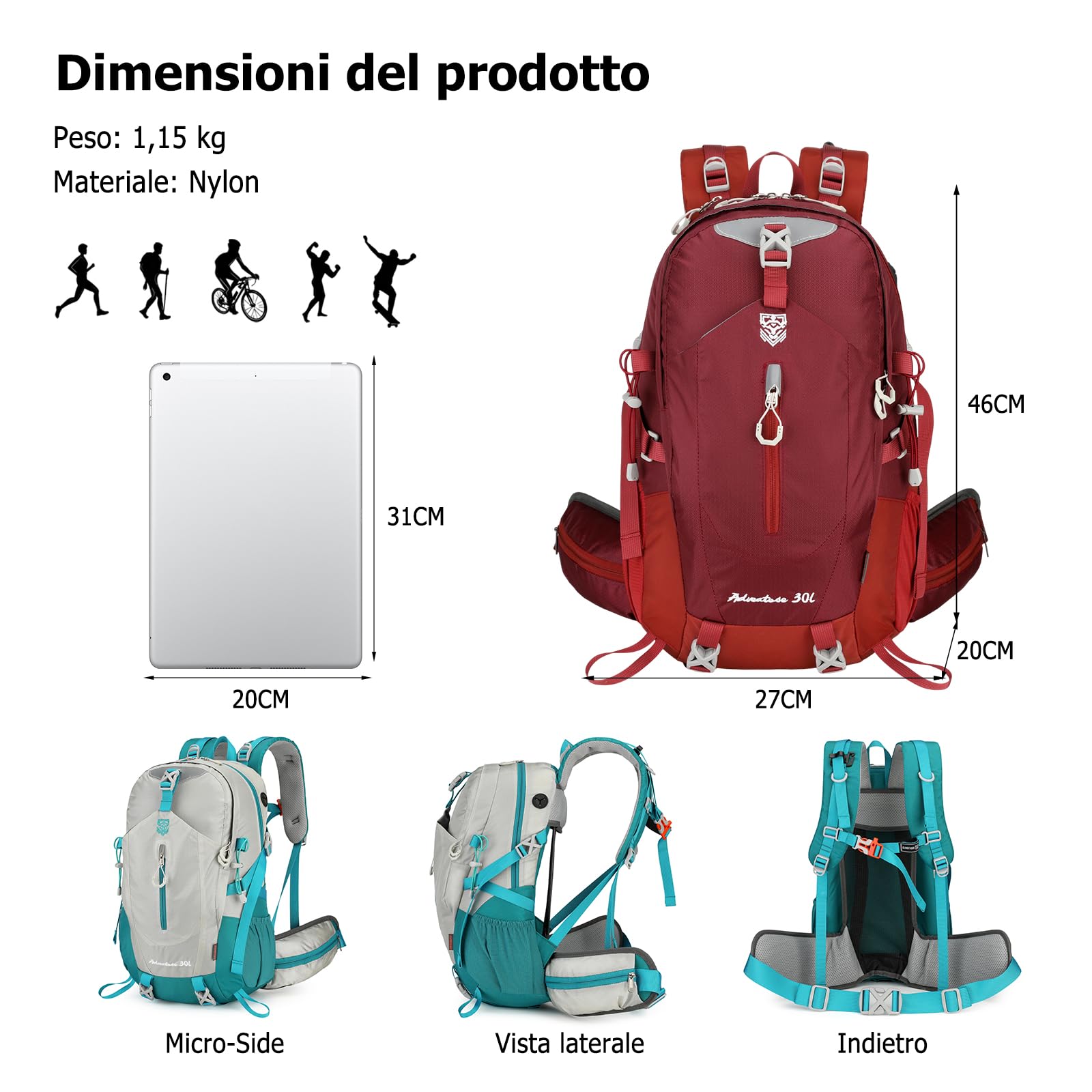 Zaino da Trekking 30L Zaino Impermeabile Grande Zaini Traspirante Hiking Nylon Campeggio Backpack per Donna Uomo Viaggio Sport Rosso