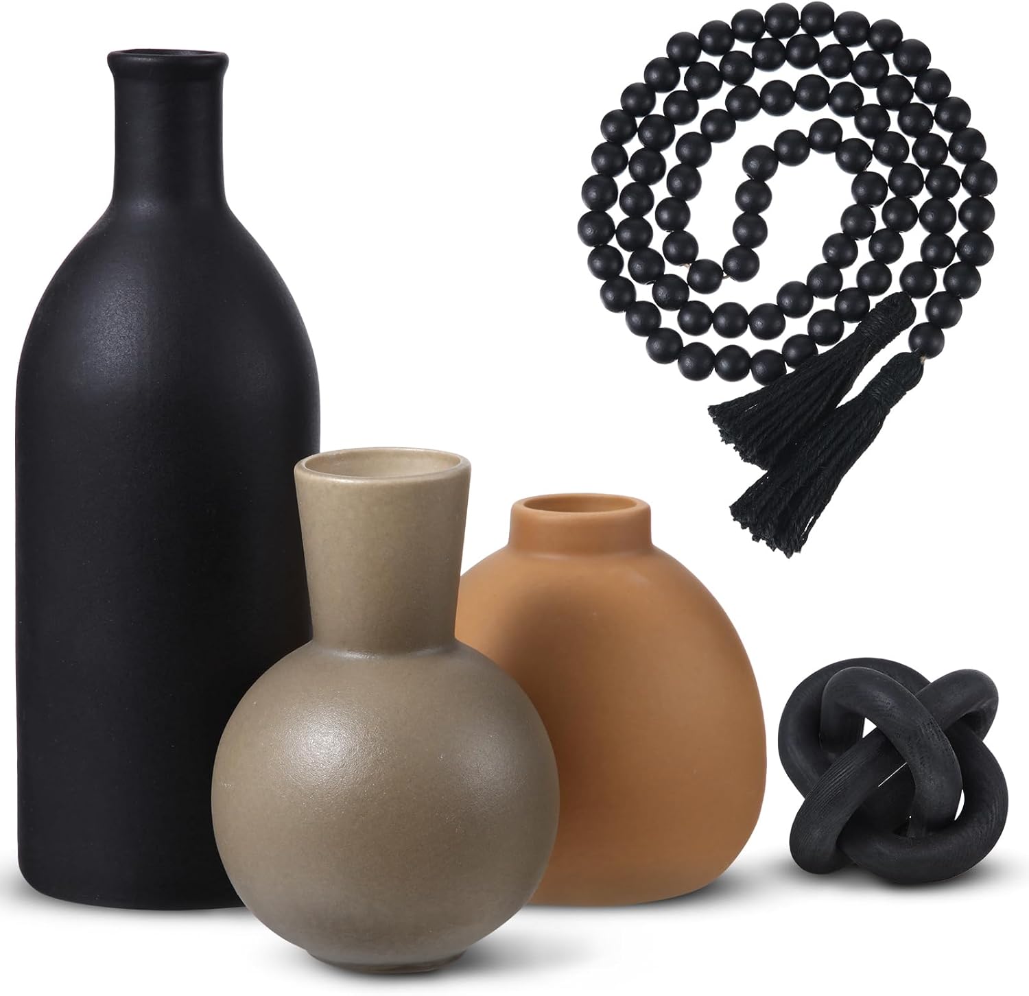 5 Pieces Country Style Ceramic Vase Set Table Centerpieces for Living Room 3 Pcs Bohemian Style Ceramic Vases with Wood Knot Chain Rings, Wooden Bead Garland Tassel Table Decor(Black)