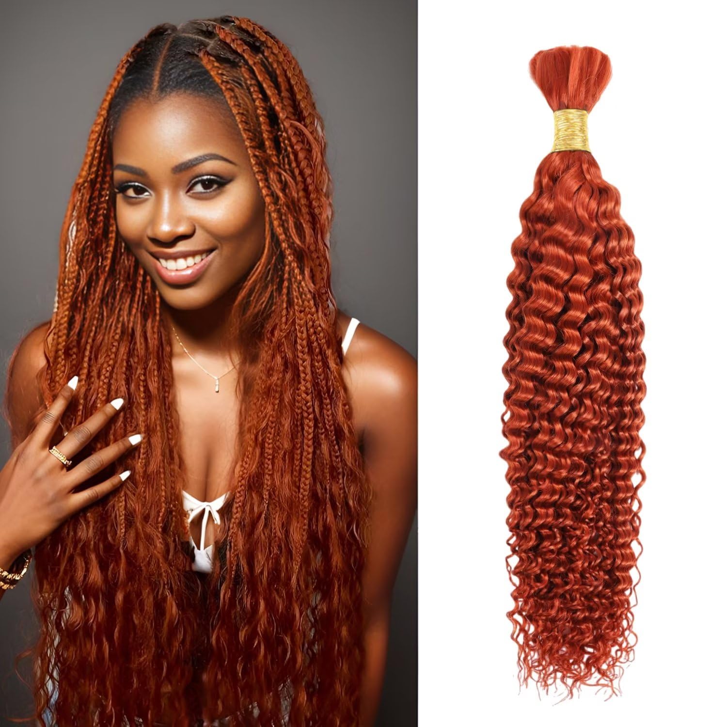 Human Braiding Hair 1 Bundle 50g 26 Inch Deep Water Wave Bulk Human Hair for Braiding No Weft 12A Brazilian Virgin Curly Human Hair Extensions for Boho Braids Wet and Wavy Ginger Braiding Hair