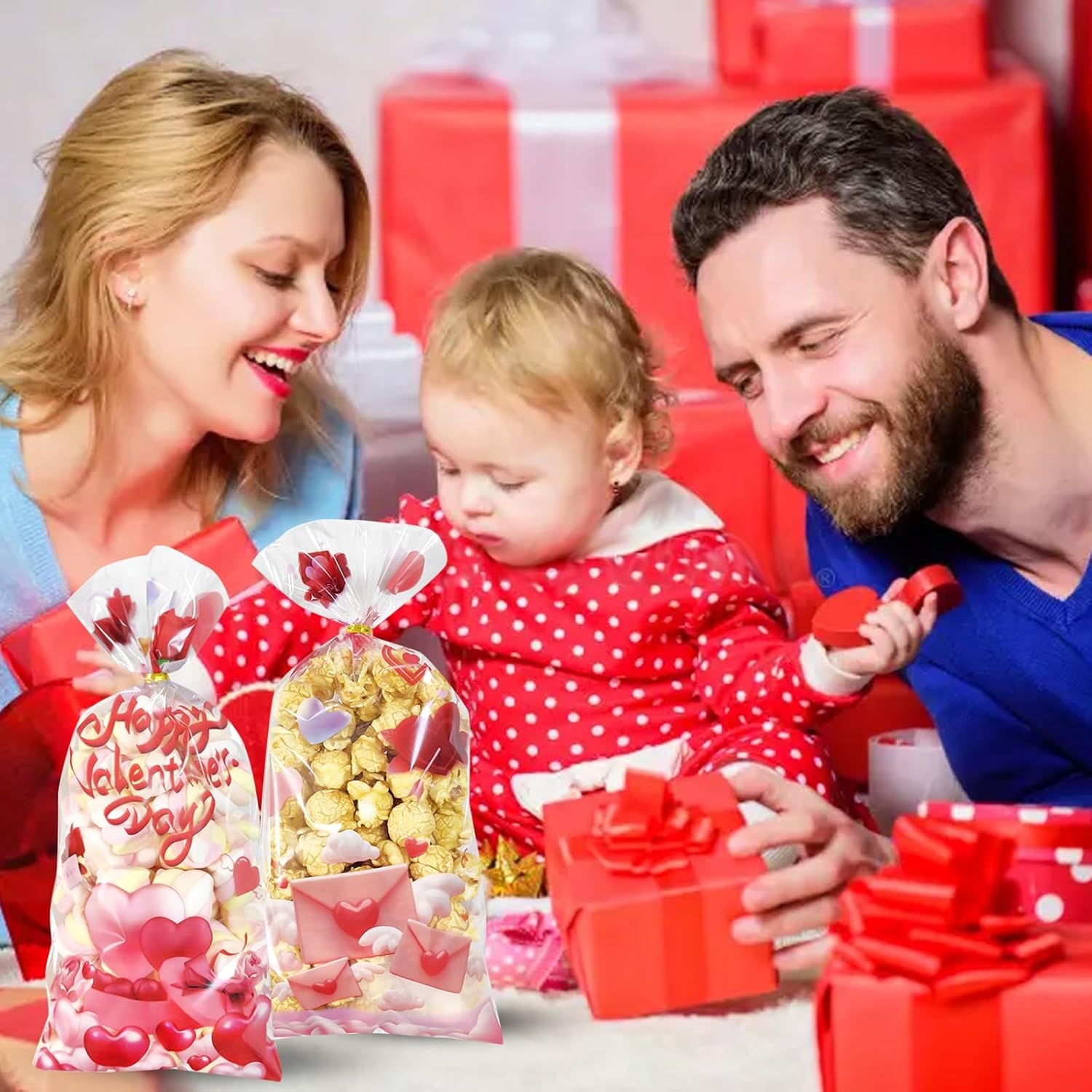 QOIUSO Valentines Goodie Bags, 60Pcs Valentines Treat Bags for Candy Goody Snacks Gifts Packing, Valentines Day Cellophane Bags With 70Pcs Twist Ties for Kids Classroom Party Favors - 4 Lovely Style - Image 6